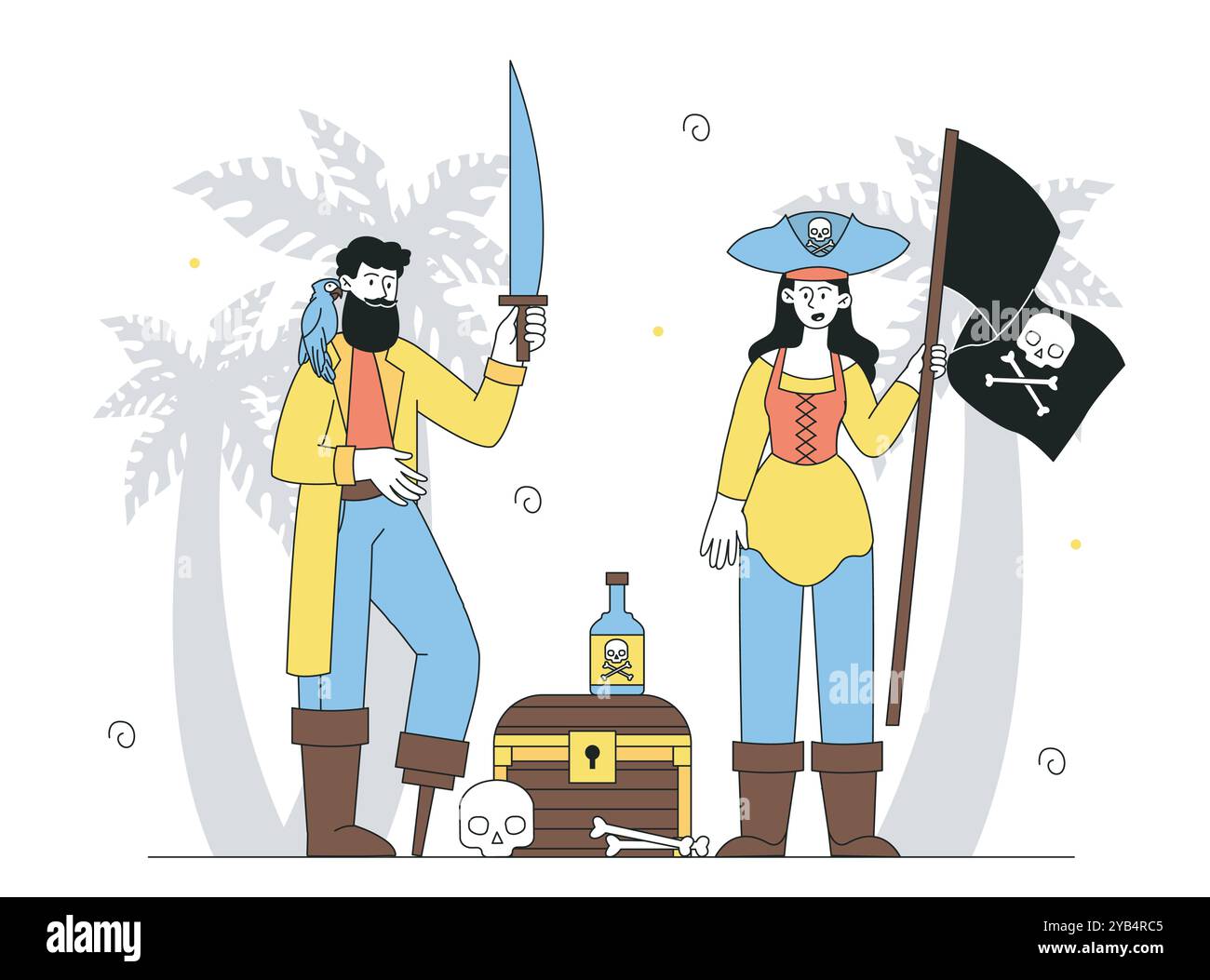 Concetto di capitano pirata. Donna con bandiera pirata e uomo con sciabola e pappagallo vicino al petto con forziere. Avventura nautica. Vettore lineare Illustrazione Vettoriale