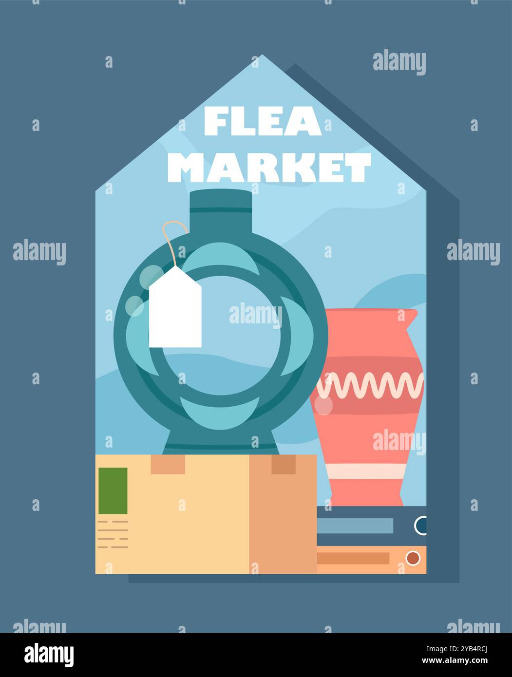Adesivo di seconda mano. Vaso retrò con tag. Vendita garage per i vicini. Commercio e merchandising. Mercato delle pulci e bazar. Modello e layout. Piatto Illustrazione Vettoriale