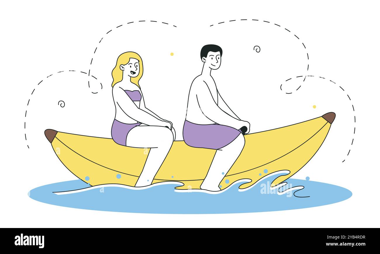 Gente alla banana. Uomo e donna su una barca di gomma in mare o nell'oceano. Turisti in paradiso e resort. Vacanze e vacanze. Illustrazione vettoriale lineare Illustrazione Vettoriale