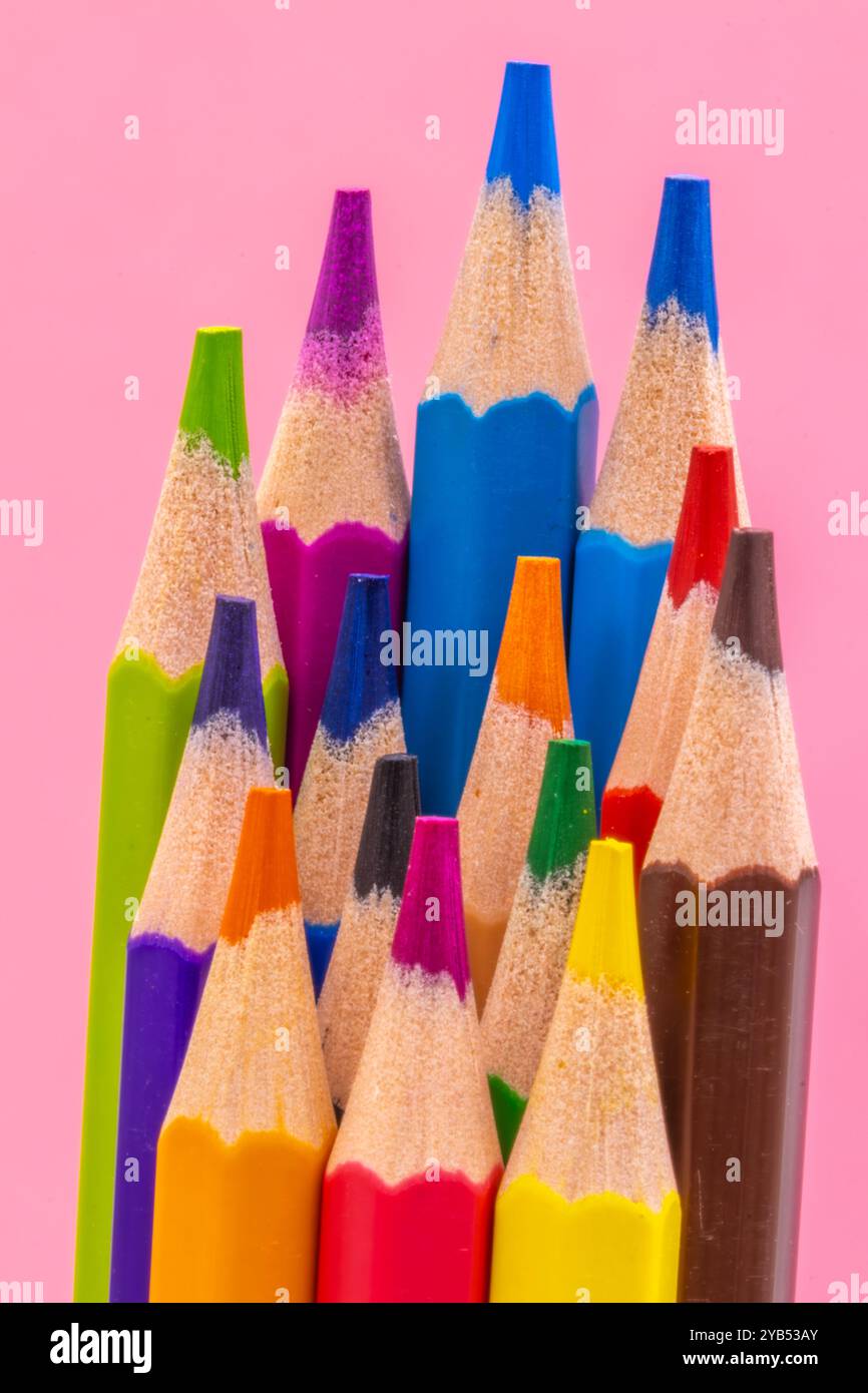 Questa immagine mostra un primo piano di diverse matite colorate affilate con colori diversi rivolti verso l'alto su uno sfondo rosa. Foto Stock