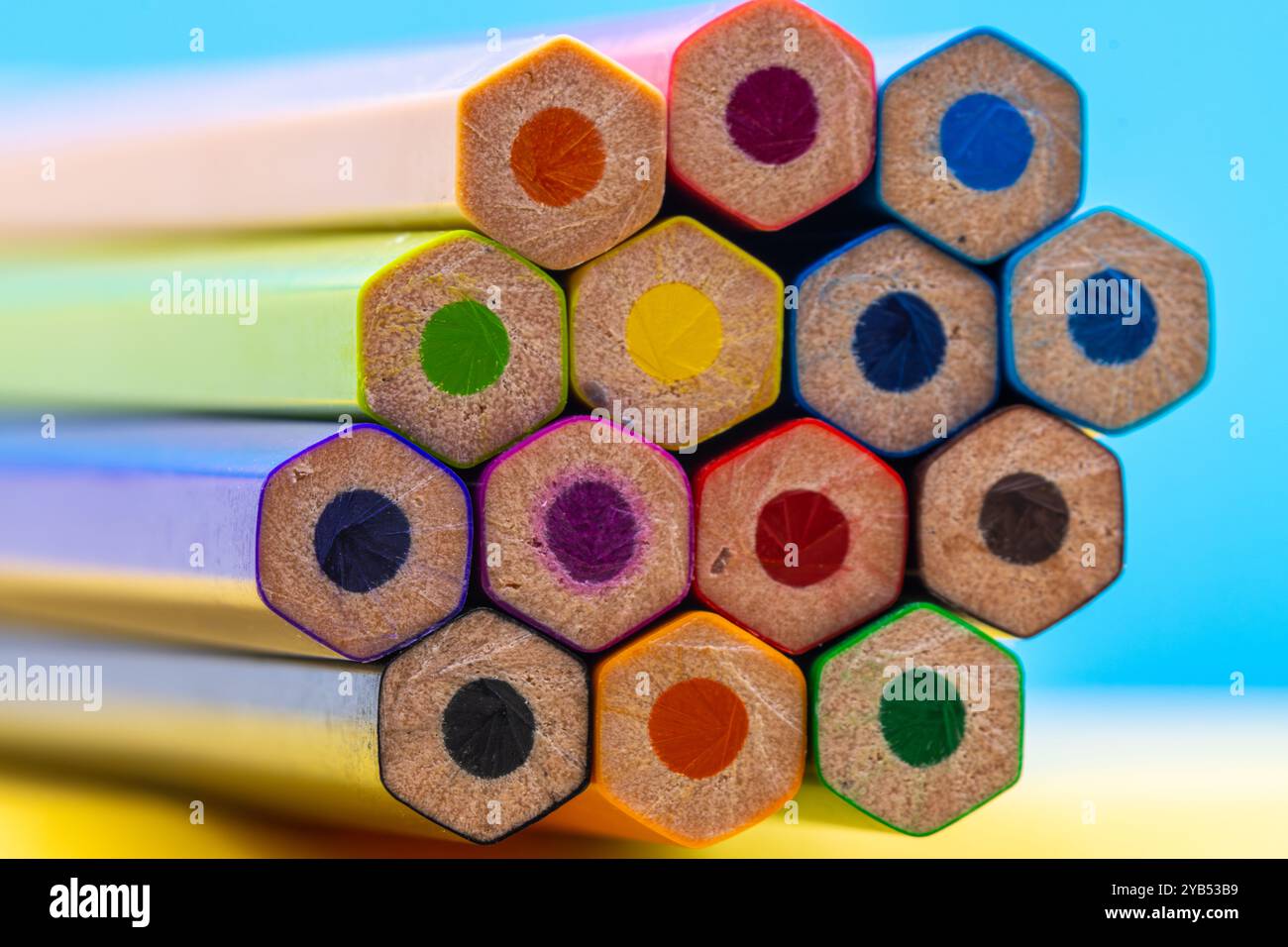 Questa immagine mostra una vista ravvicinata delle estremità posteriori di un fascio di matite colorate disposte in fila. Foto Stock