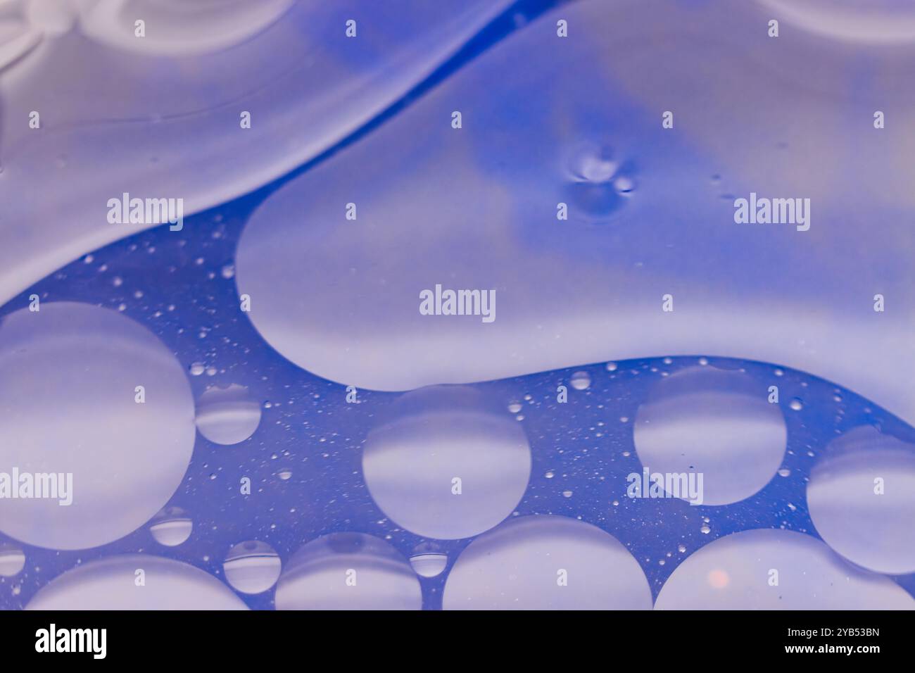 Questa foto macro presenta uno sfondo astratto con una tonalità blu, ornato da gocce d'acqua di varie dimensioni. Foto Stock