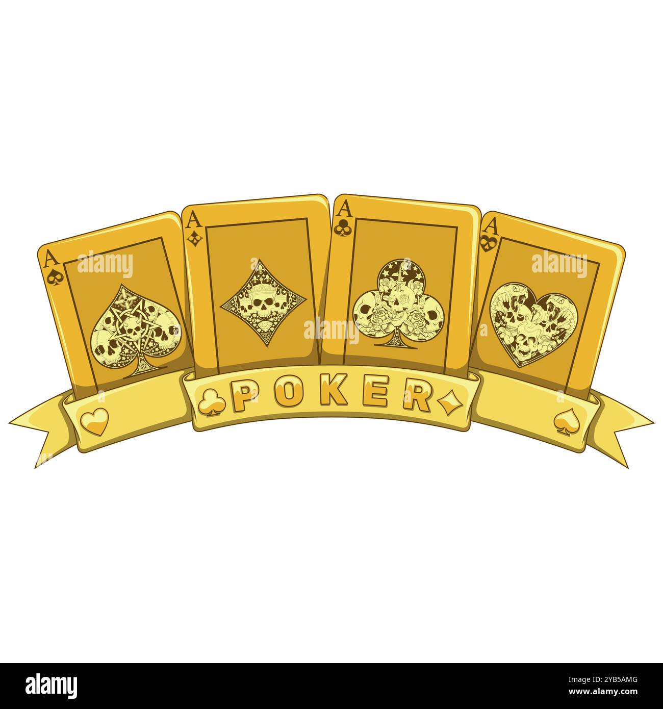 Carte da poker circondate da un nastro, simboli del poker di cuore, diamante, mazza e asso con diversi disegni del cranio Illustrazione Vettoriale
