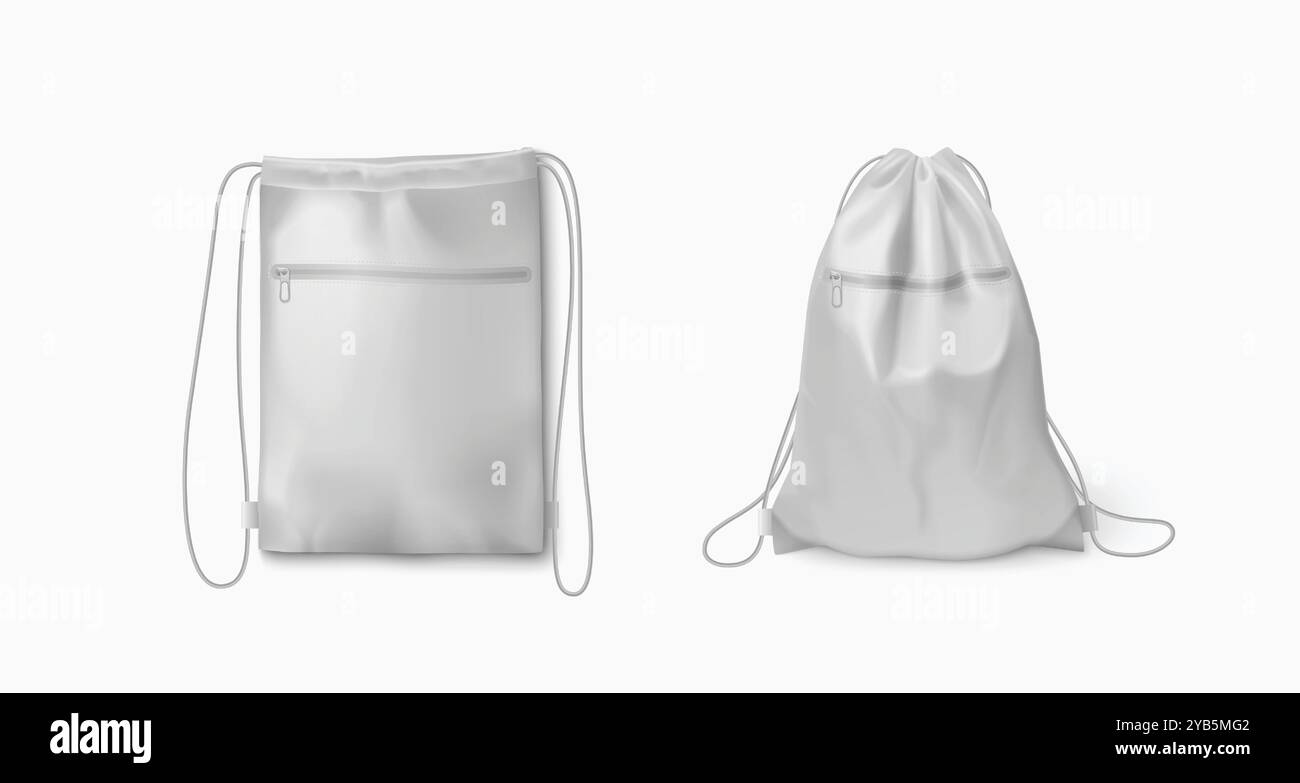 Zaino bianco con cordoncino lungo e sottile per il trasporto di vestiti da palestra o attrezzi scolastici. Set di immagini vettoriali 3d realistiche con zaino a spalla in tessuto morbido vuoto con modello a cordoncino. Illustrazione Vettoriale