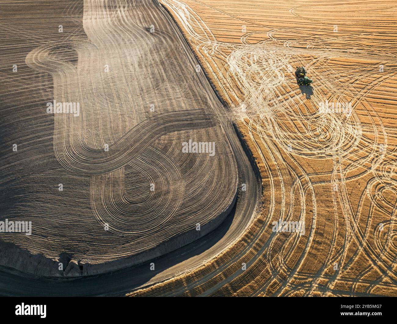 Vista aerea di schemi astratti in un campo di grano di Palouse dopo il raccolto, nel Pacifico nord-occidentale, Stati Uniti Foto Stock