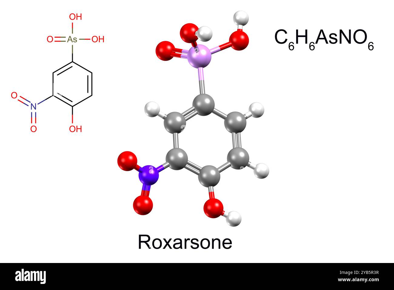 Formula chimica, formula strutturale e modello 3D a sfera e bastone di un additivo per mangimi per animali roxarsone, sfondo bianco Foto Stock
