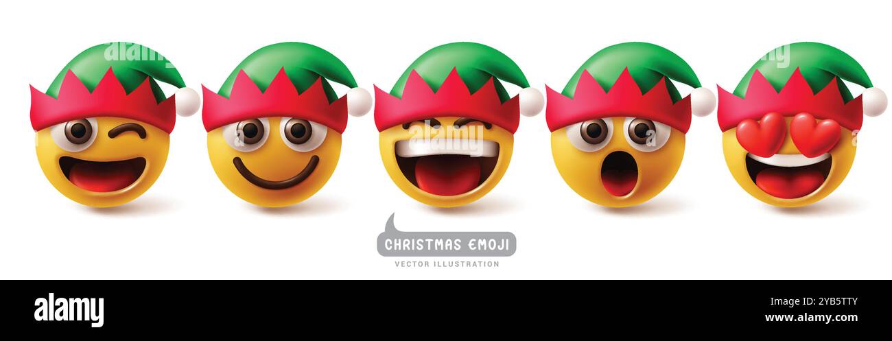 Set vettoriale di personaggi degli elfi emoji natalizi. Emoji e personaggi emoticon degli elfi natalizi in un'espressione facciale felice, divertente e sorridente. Illustrazione Vettoriale