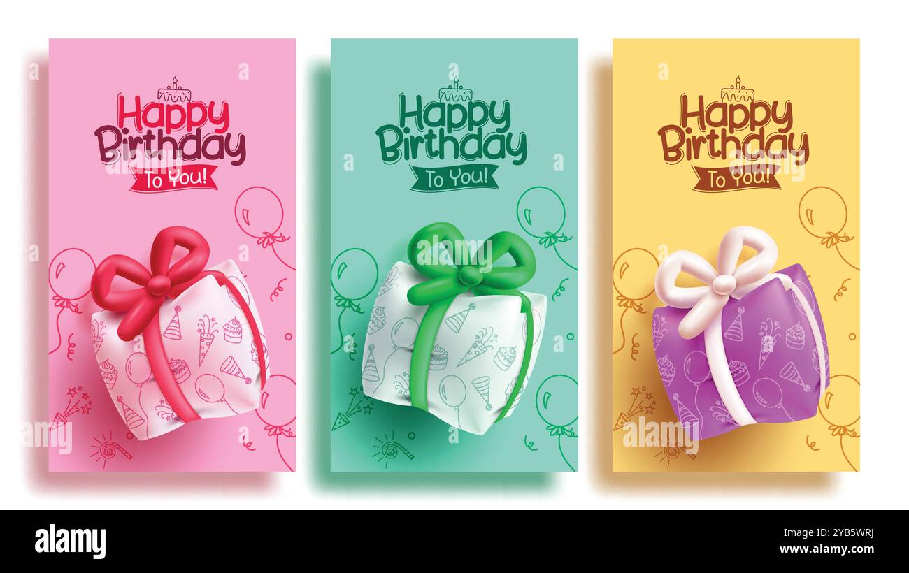 Design del set di poster vettoriali regalo con palloncini di compleanno. Testo di auguri di buon compleanno con articoli da regalo gonfiabili per feste in palloncino in rosa, verde Illustrazione Vettoriale