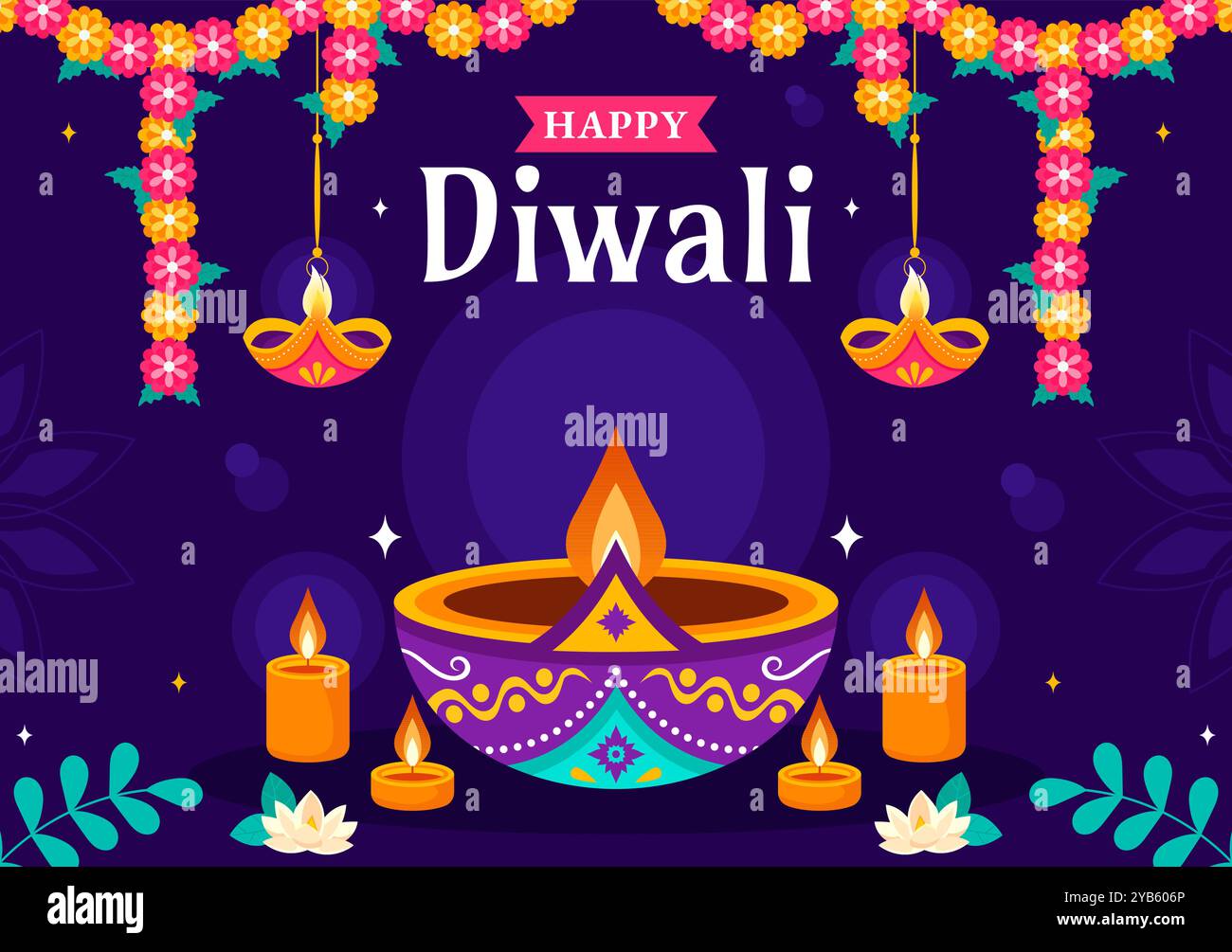 Diwali Festival of Lights Vector Illustration con decorazione tradizionale indiana Rangoli, lampada festiva e fuochi d'artificio in uno sfondo Holiday Flat Illustrazione Vettoriale