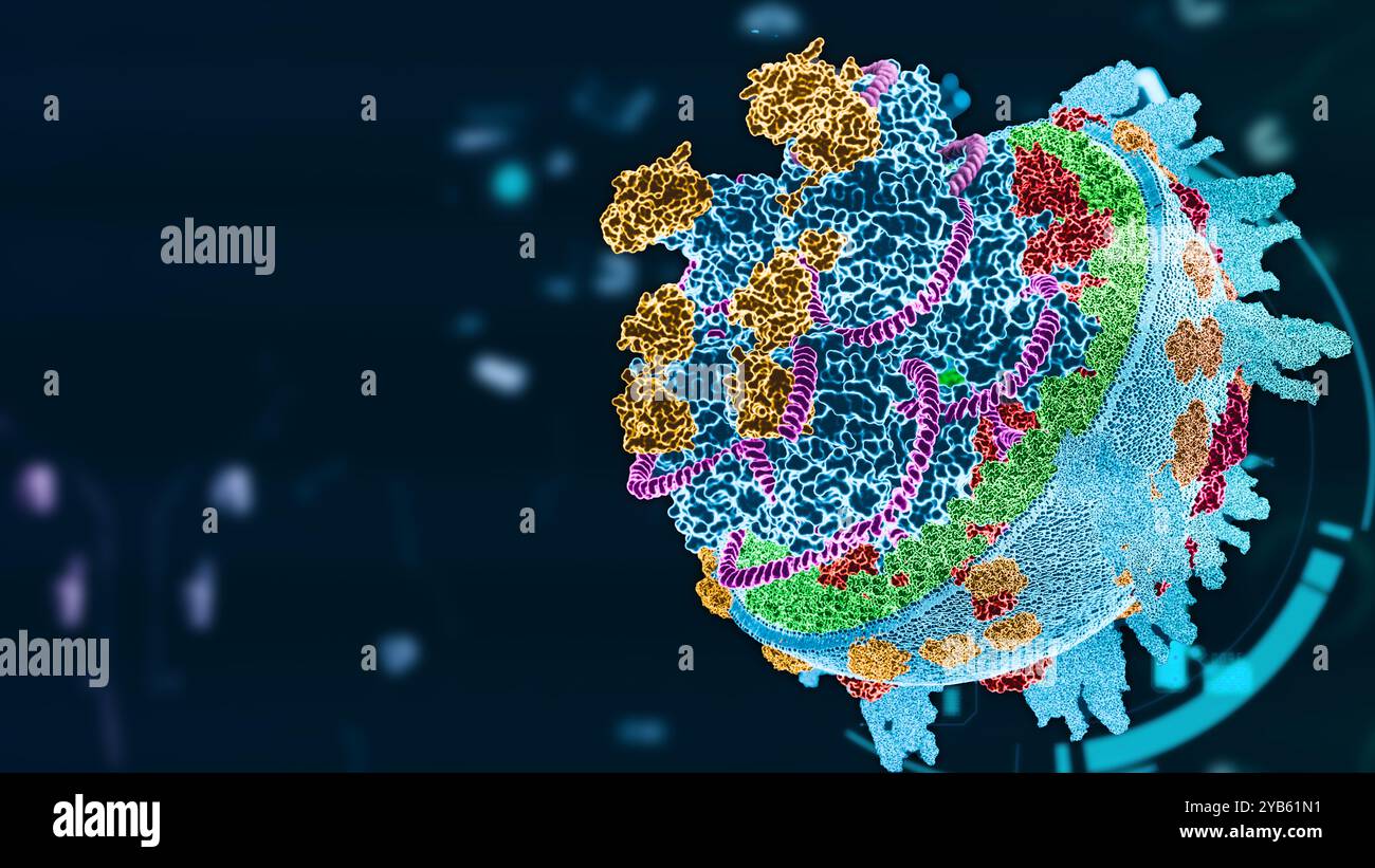 Virus dell'influenza aviaria h5n1, illustrazione medica struttura superficiale, influenza aviaria, influenza aviaria negli esseri umani, rendering 3d. Foto Stock