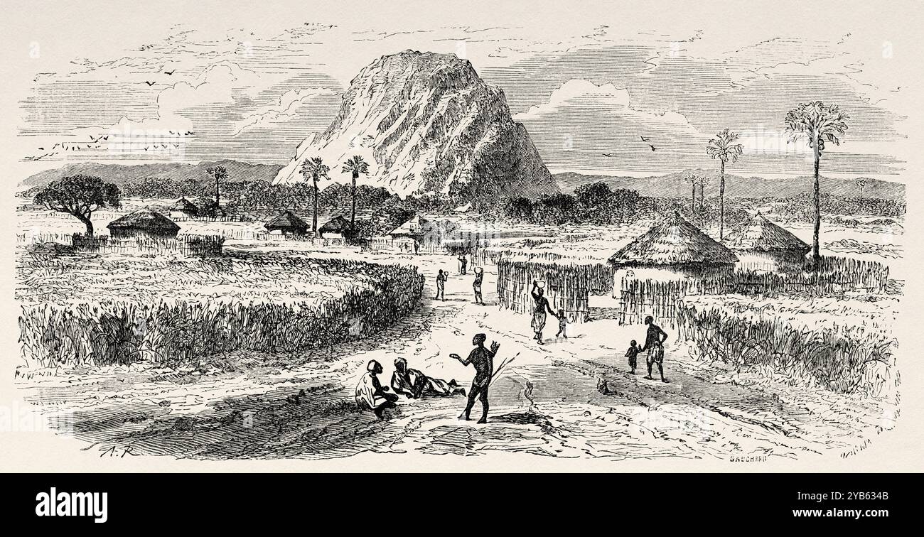 Villaggio di Marghi, Lago di Ciad. Nigeria, Africa. Disegno di Adolphe Rouargue (1810-1870) viaggi e scoperte nell'Africa settentrionale e centrale, 1849-1855 di Heinrich Barth (1821-1865) le Tour du Monde 1860 Foto Stock