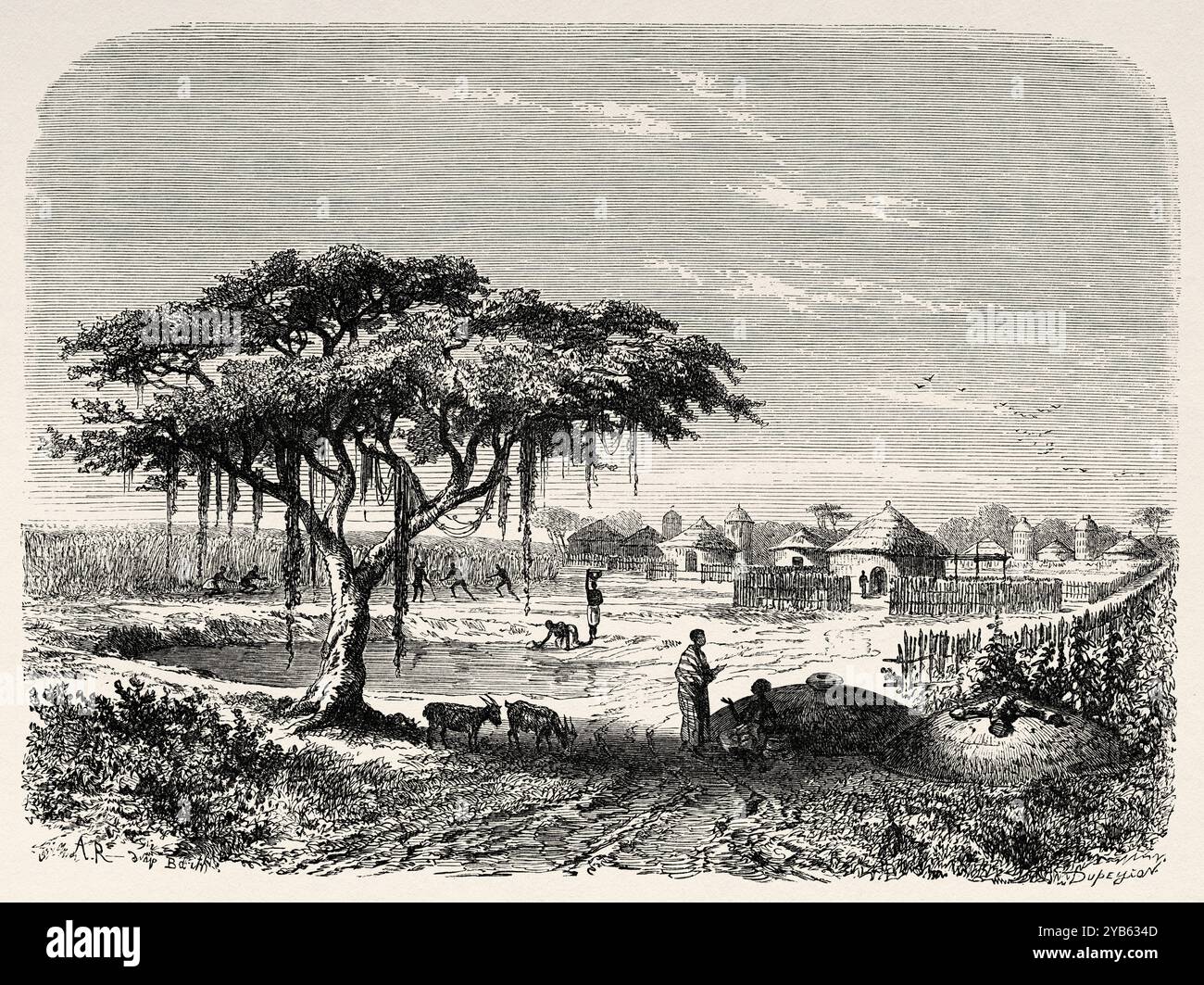 Villaggio di Barea sul confine tra Nigeria e Ciad. Africa. Disegno di Adolphe Rouargue (1810-1870) viaggi e scoperte nell'Africa settentrionale e centrale, 1849-1855 di Heinrich Barth (1821-1865) le Tour du Monde 1860 Foto Stock