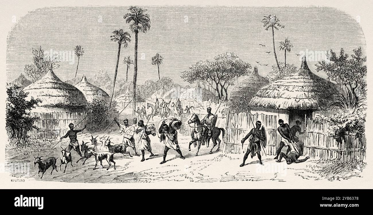 Il villaggio di Barea viene saccheggiato, Niger. Africa. Disegno di Adolphe Rouargue (1810-1870) viaggi e scoperte nell'Africa settentrionale e centrale, 1849-1855 di Heinrich Barth (1821-1865) le Tour du Monde 1860 Foto Stock