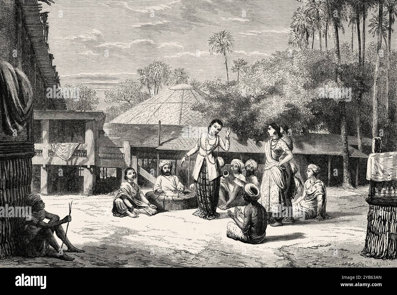 Spettacolo teatrale nel regno di Ava, Birmania, Myanmar. Sud-est asiatico. Disegno di William Haussoullier (1815-1892) viaggio nel regno di Ava, 1855 del colonnello Sir Henry Yule (1820-1889) le Tour du Monde 1860 Foto Stock