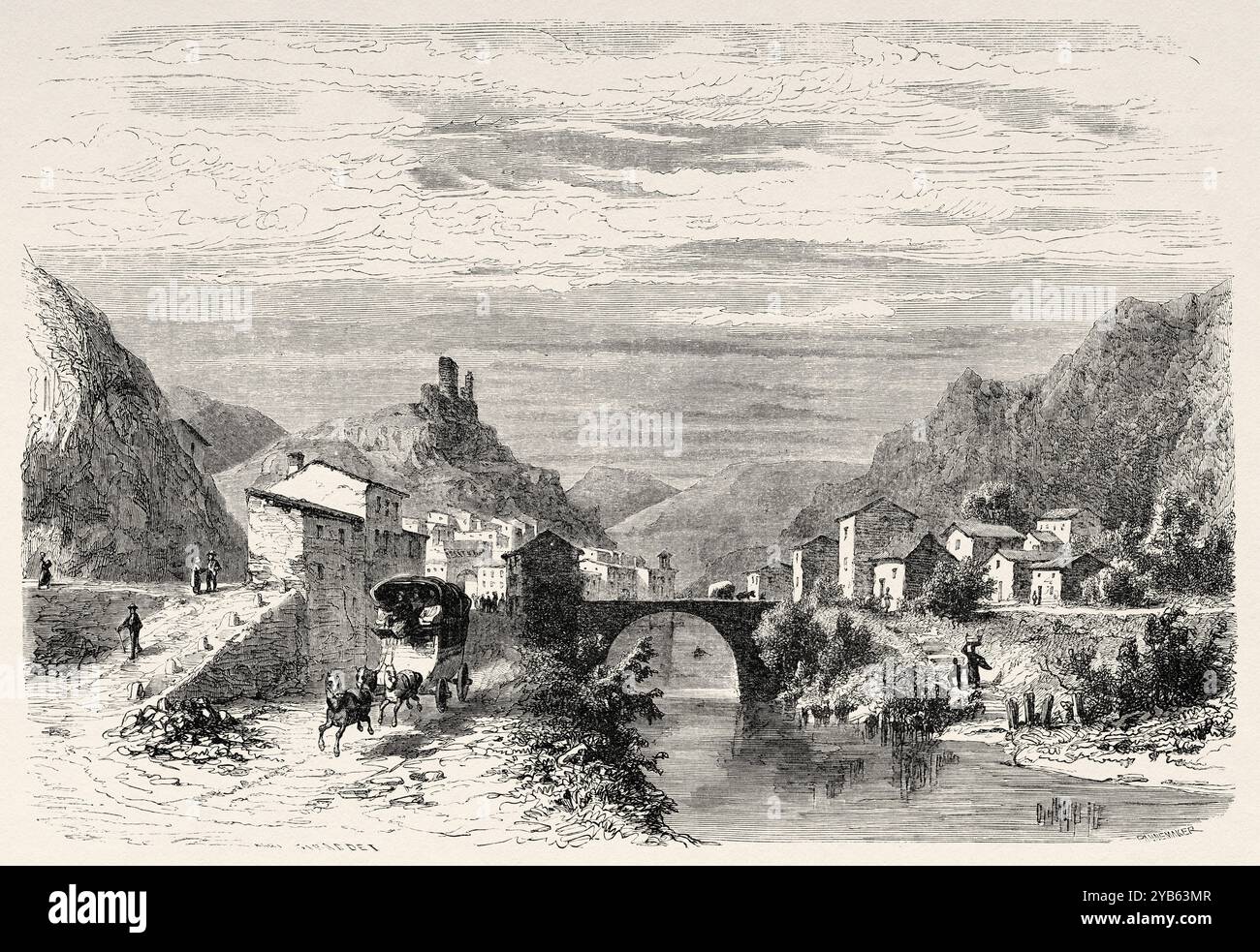 Villaggio di Pontaix, dipartimento di Drome. Francia. Disegno di Karl Girardet (1813-1871) escursioni nel Delfinato, 1850-1860 di Adolphe Joanne (1813-1881) le Tour du Monde 1860 Foto Stock