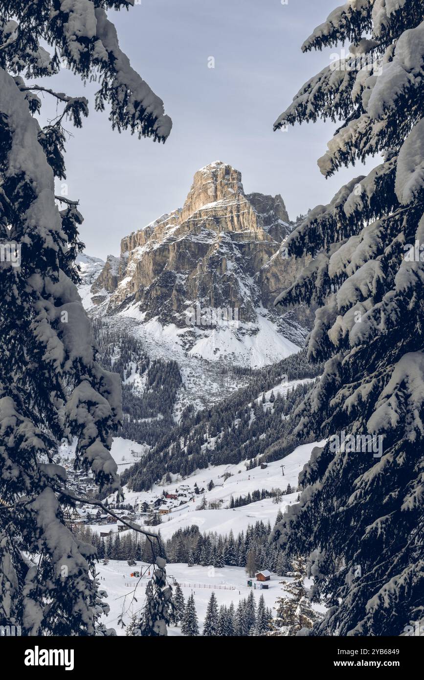 L'imponente monte Sassongher sorge sopra il paese di Colfosco nelle Dolomiti, incorniciato da alberi innevati. Il pittoresco paesaggio alpino Foto Stock