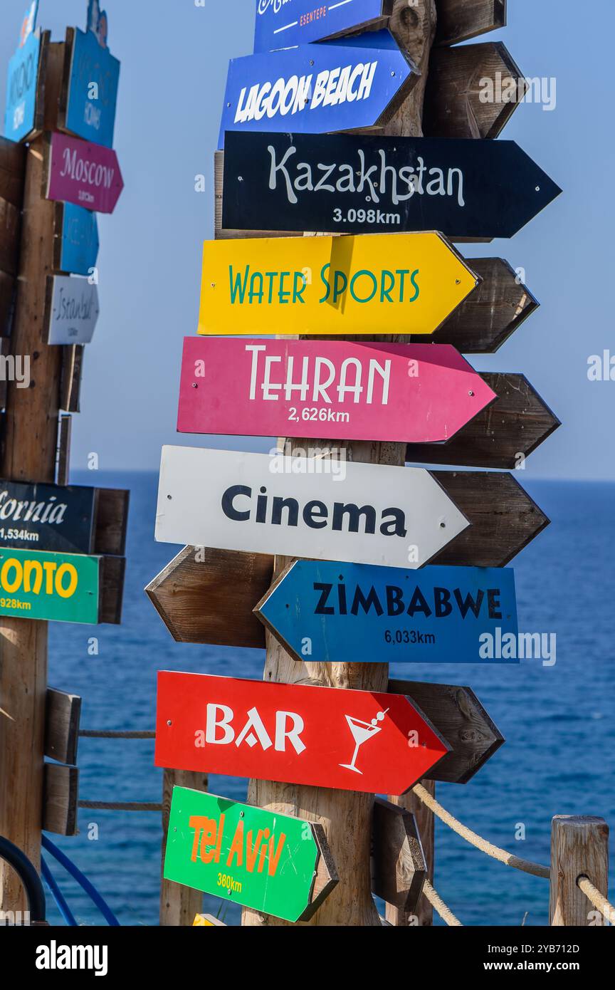 I vivaci cartelli in legno mostrano distanze da luoghi internazionali, creando un'atmosfera giocosa vicino all'oceano, invitando i viaggiatori a sognare lontani Foto Stock