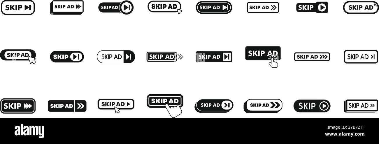 Ignora il set di icone degli annunci. Diversi pulsanti per saltare gli annunci che consentono agli utenti di ignorare i contenuti promozionali Illustrazione Vettoriale