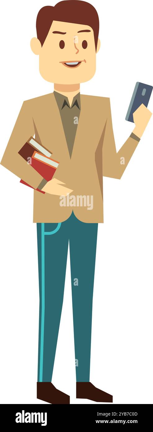 Uomo di mezza età con libri. Personaggio dei cartoni animati insegnante o tutore Illustrazione Vettoriale