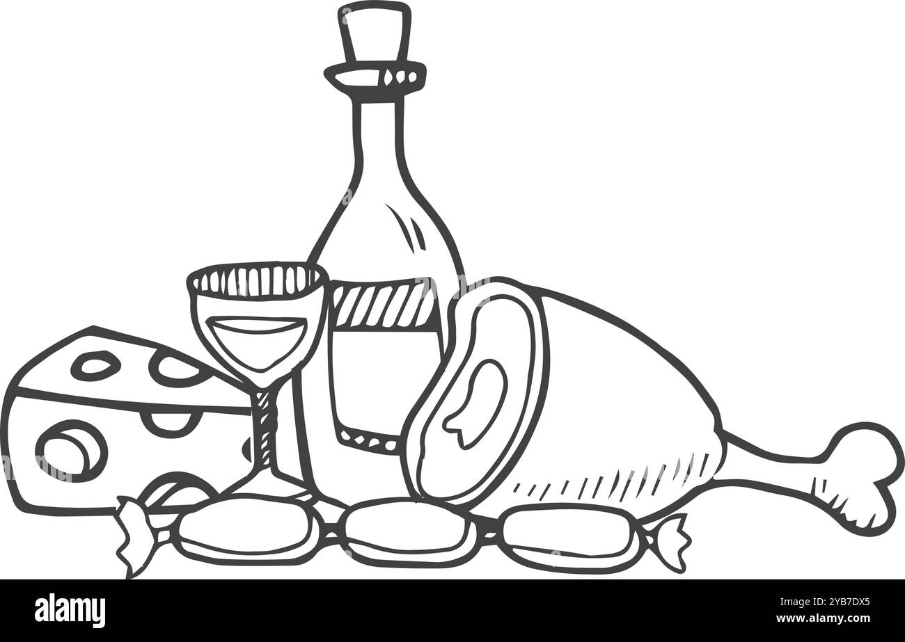 Vino da picnic. Cibo gourmet a base di formaggio e carne Illustrazione Vettoriale