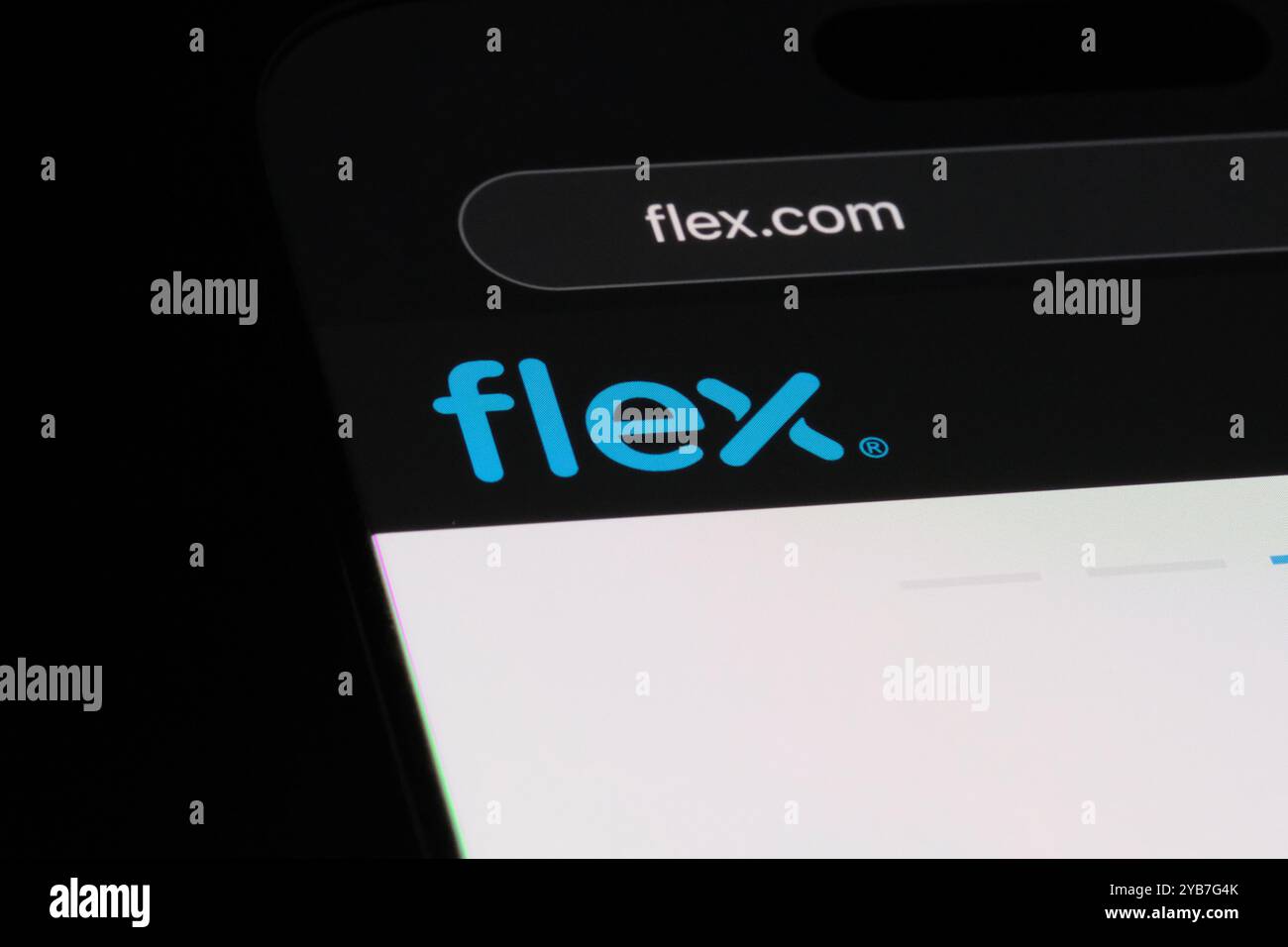 Logo aziendale Flex (Flextronics) sul sito Web ufficiale. Azienda produttrice di elettronica Foto Stock