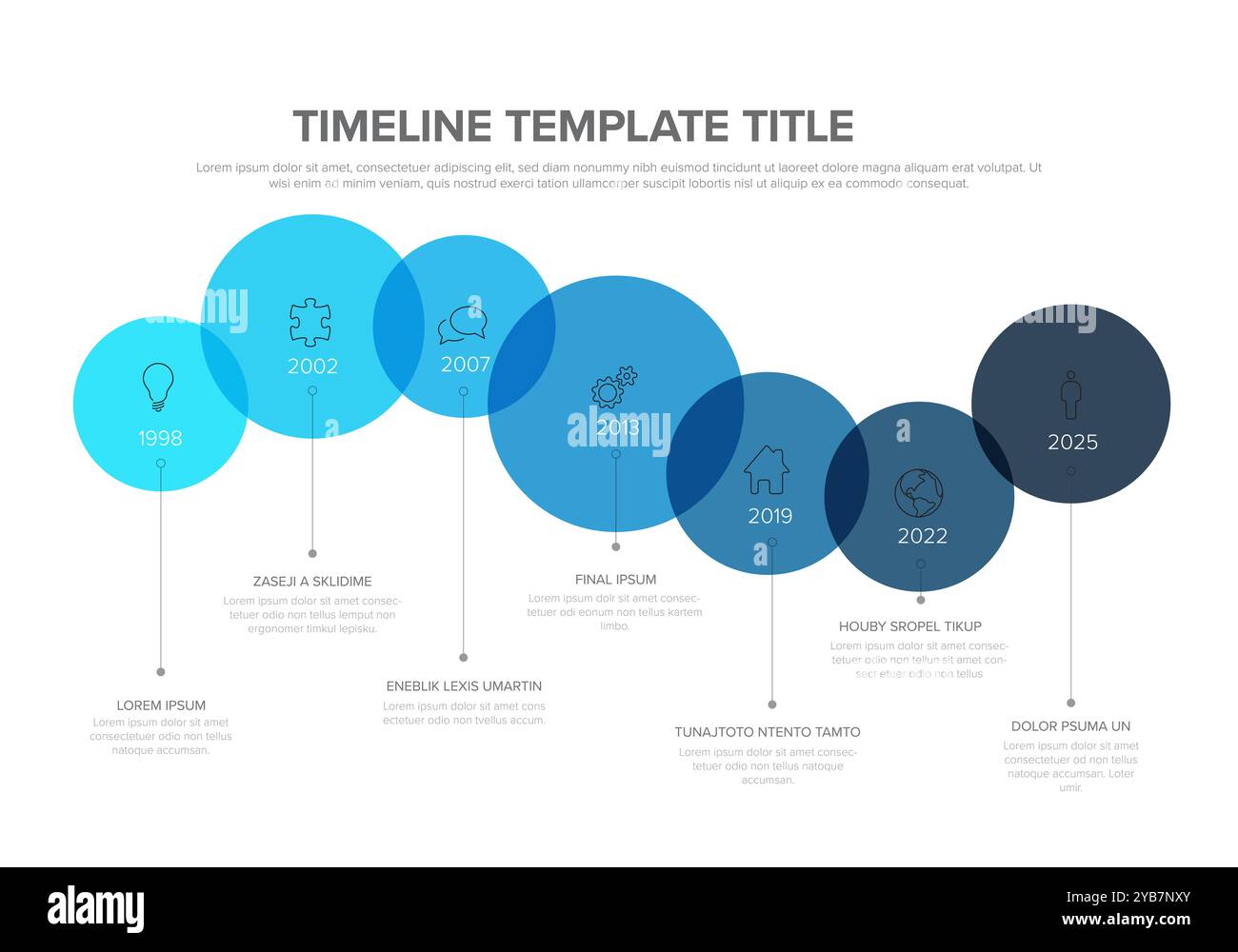 Modello di cronologia infografica blu costituito da cerchi di contenuti con icone, anni e alcuni contenuti di testo di esempio. Modello linea temporale orizzontale Illustrazione Vettoriale