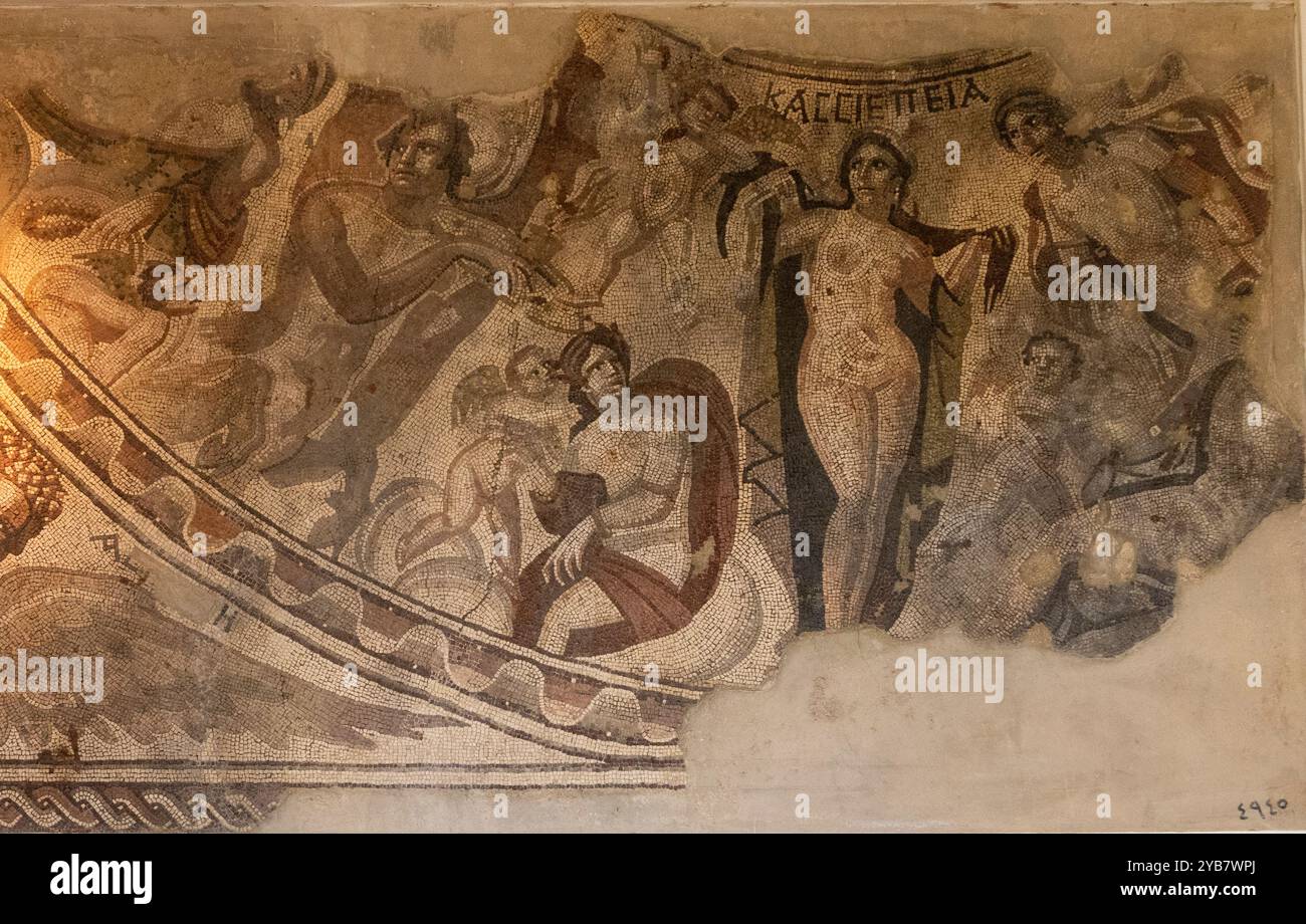 Pannello di mosaico romano del III secolo che rappresenta Cassiopeia, Museo Nazionale, Damasco, Siria Foto Stock