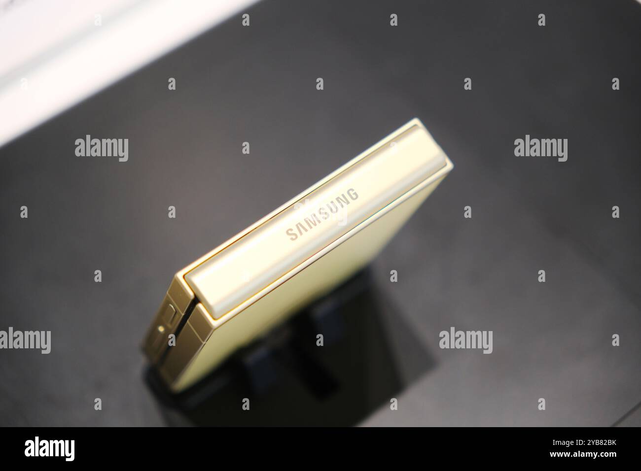 Shanghai, Cina - 10 agosto 2024: Logo Samsung sul Galaxy Z Flip6. Smartphone pieghevole Samsung Foto Stock