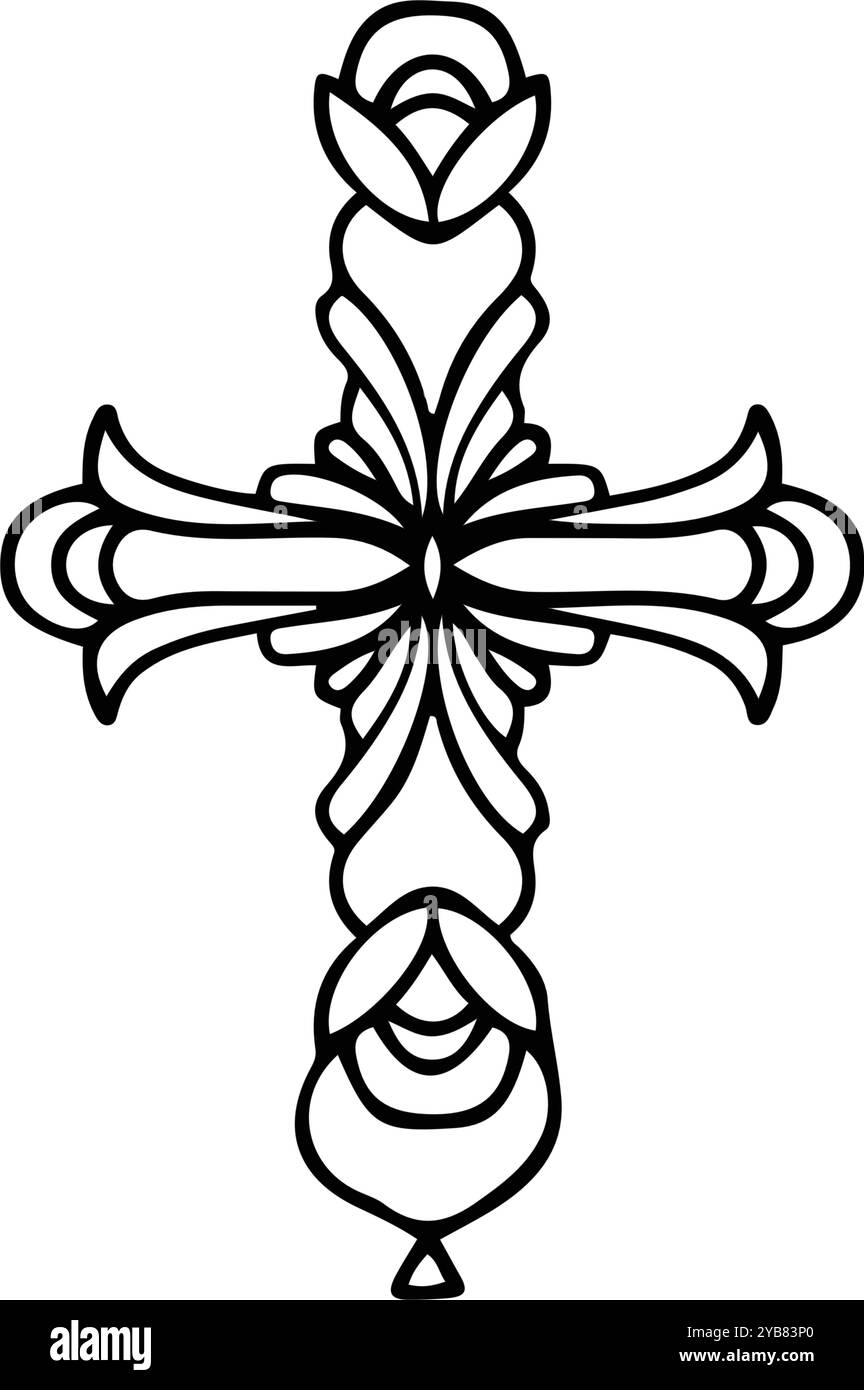 Croce decorativa ornata - Arte cristiana in bianco e nero Intricato Vector religioso per tatuaggi o decorazioni Illustrazione Vettoriale