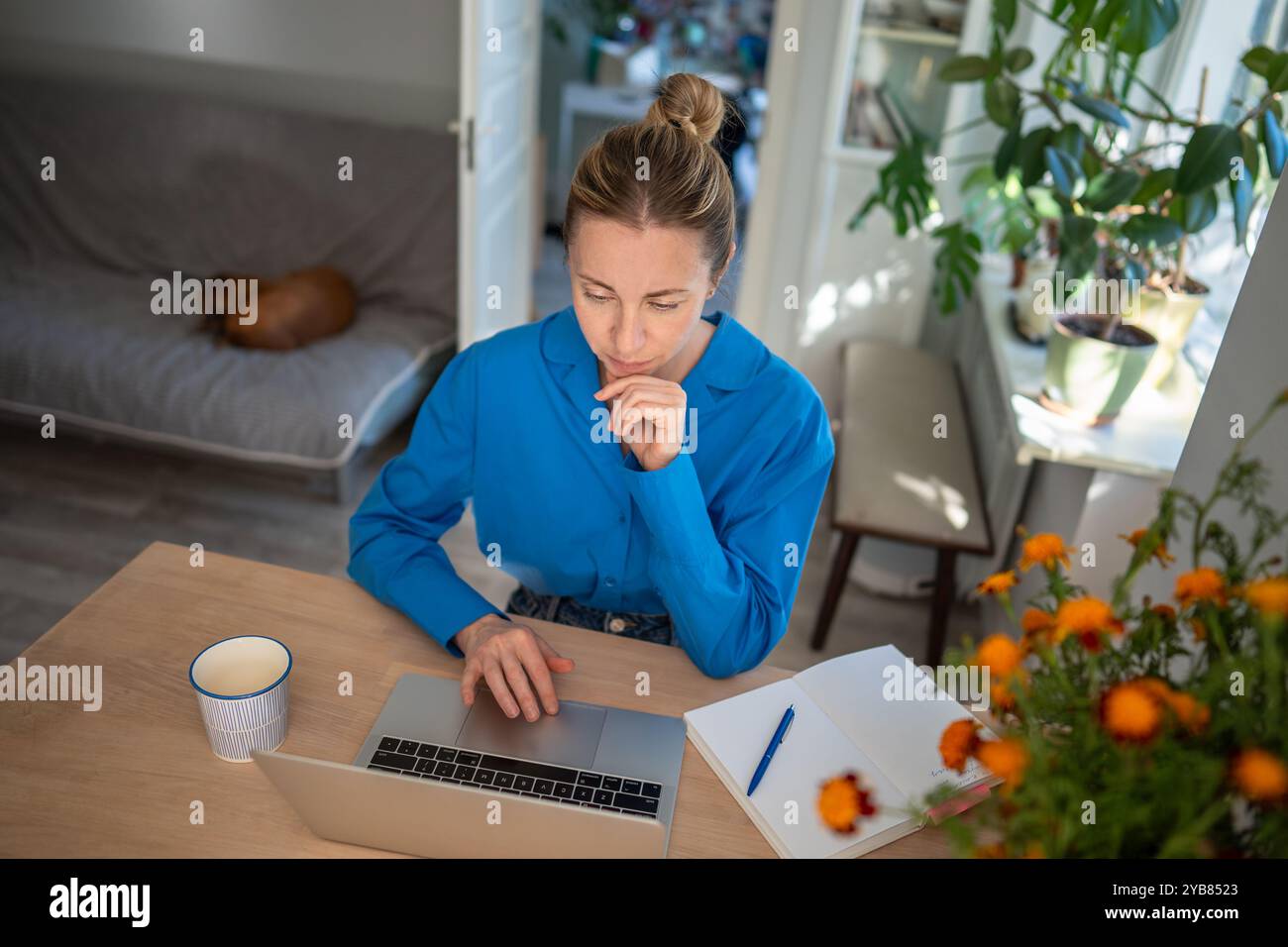 Donna pensiva che lavora lontano da casa con un notebook, brainstorming, attività online con soluzioni complesse. Foto Stock