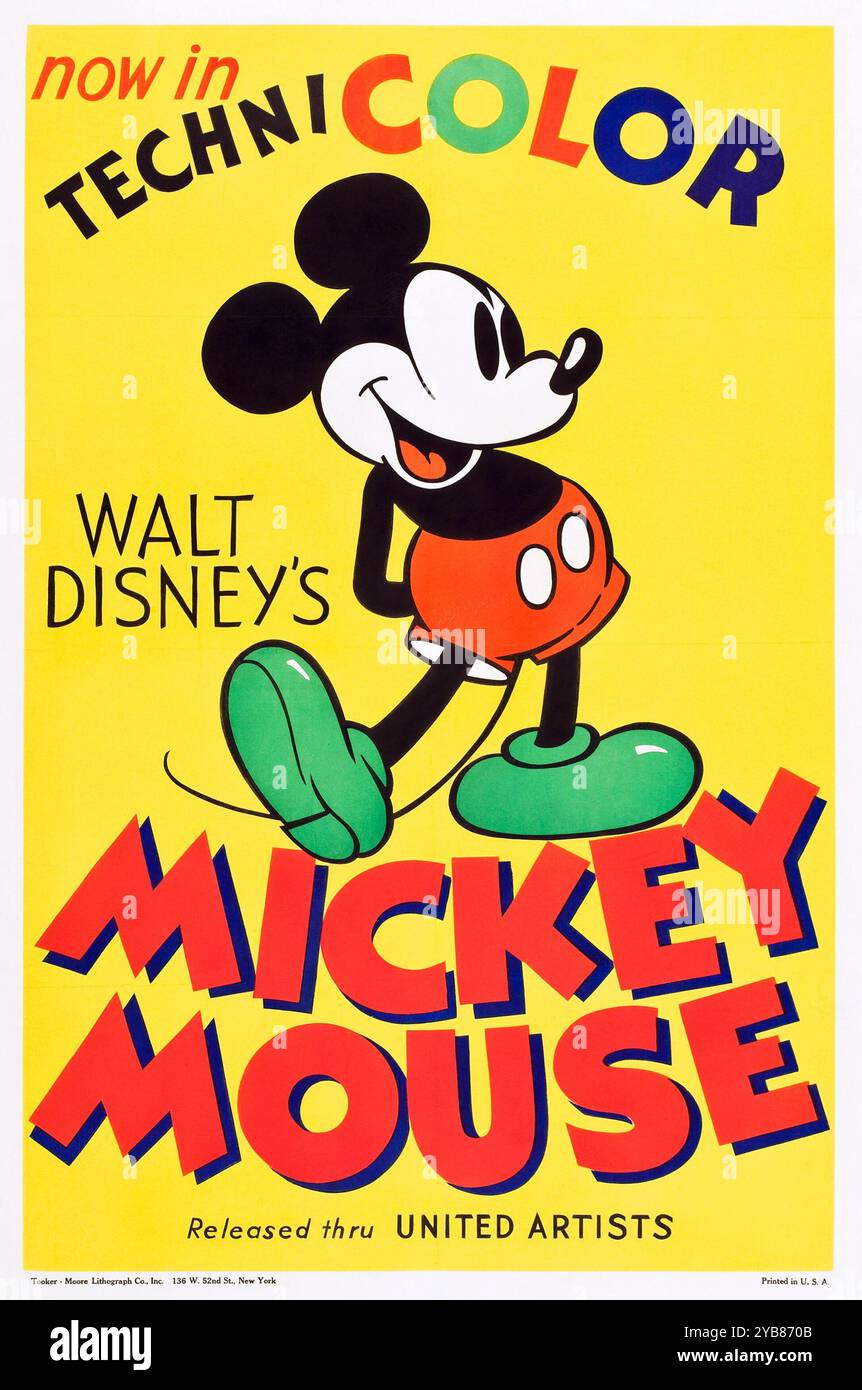 Poster stock di Topolino di Walt Disney, United Artists. Ora in Technicolor. Stampato negli Stati Uniti. Primi anni '1930 Foto Stock