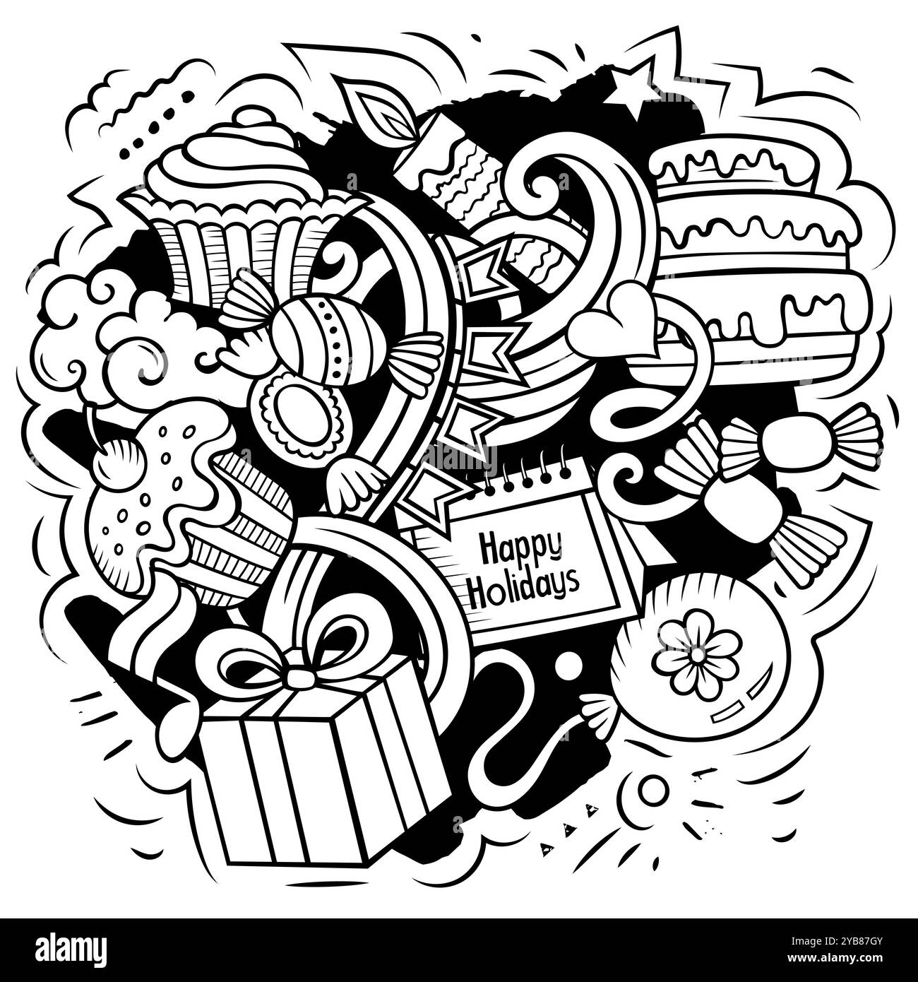 Felice illustrazione dei doodles vettoriali del compleanno. Elementi vacanza e oggetti sfondo cartoon. Un'immagine divertente e di schizzo. Tutti gli elementi sono separati Illustrazione Vettoriale