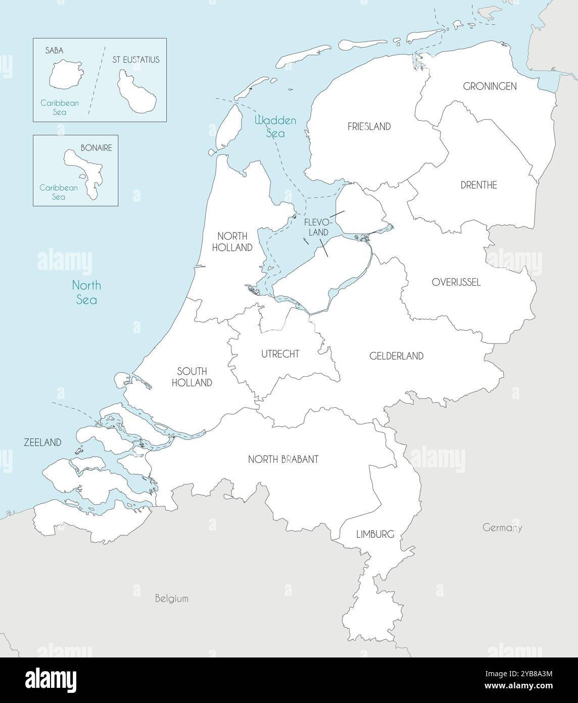 Mappa regionale vettoriale dei Paesi Bassi con province, comuni speciali dei Caraibi e divisioni amministrative, paesi limitrofi e terri Illustrazione Vettoriale