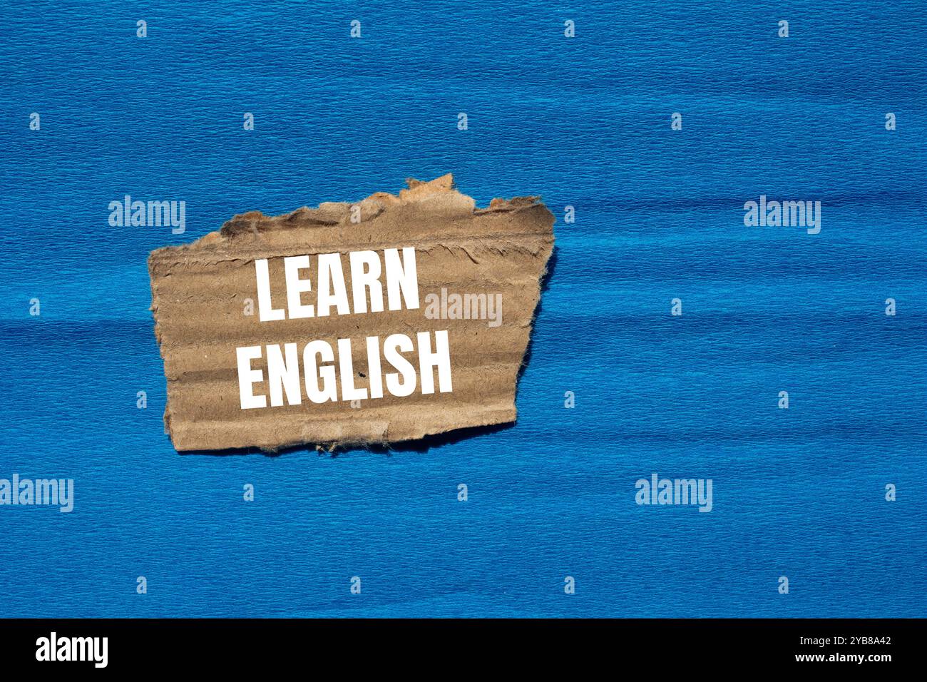 Impara a leggere il messaggio in inglese scritto su un pezzo di carta strappata con sfondo blu. Simbolo Impara l'inglese concettuale. Copia spazio. Foto Stock