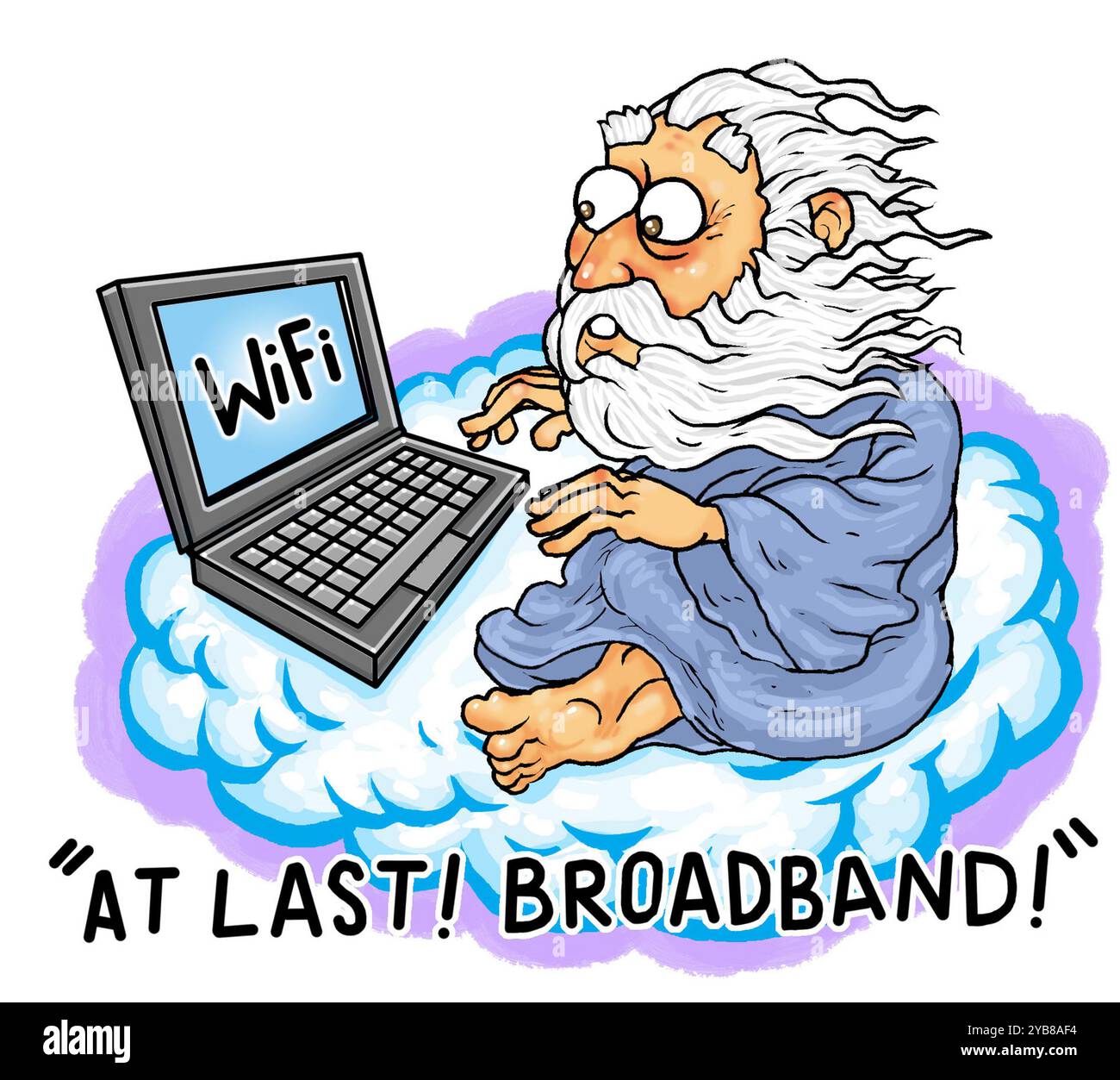 Arte divertente, essere celeste / Dio, connettersi al wi-fi dicendo "finalmente! Banda larga!" difficoltà di ottenere il segnale telefonico online nelle zone rurali Foto Stock