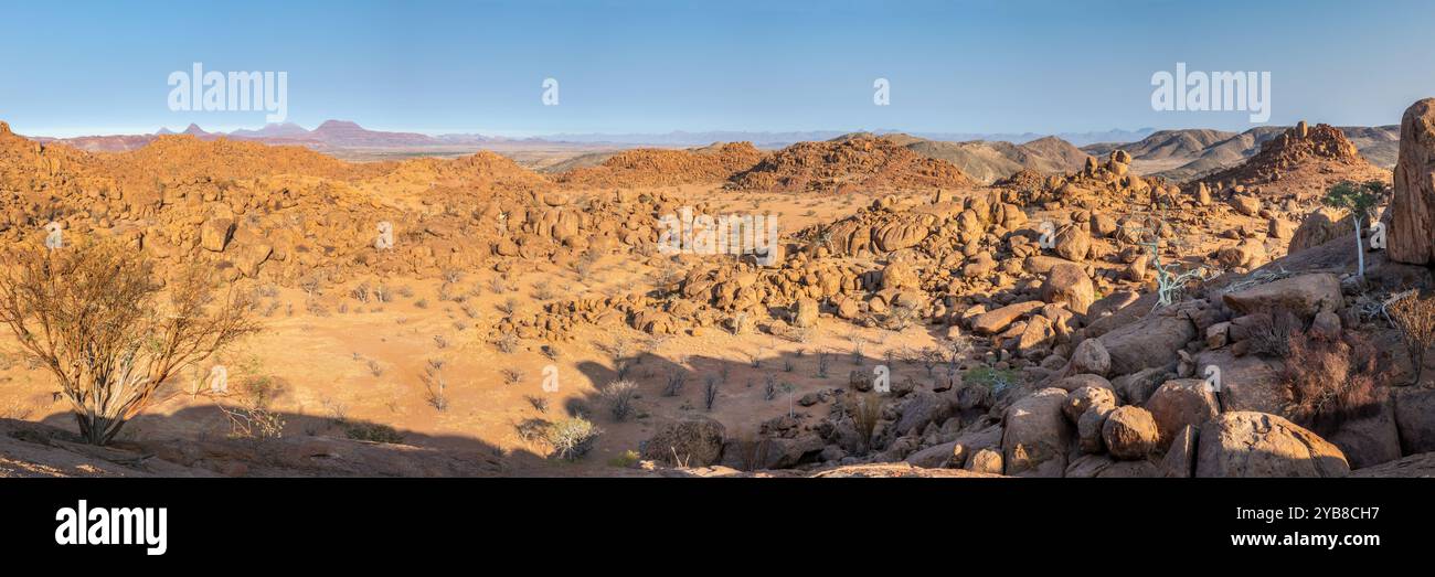 Panorama panoramico di montagne rocciose con massi, paesaggio di Damaraland, banner web della Namibia, Africa Foto Stock