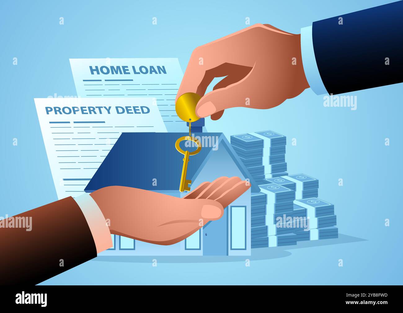 Mano che dà una chiave d'oro a un'altra mano, su uno sfondo con una casa, una pila di soldi, un atto di proprietà e carte di prestito per la casa Illustrazione Vettoriale