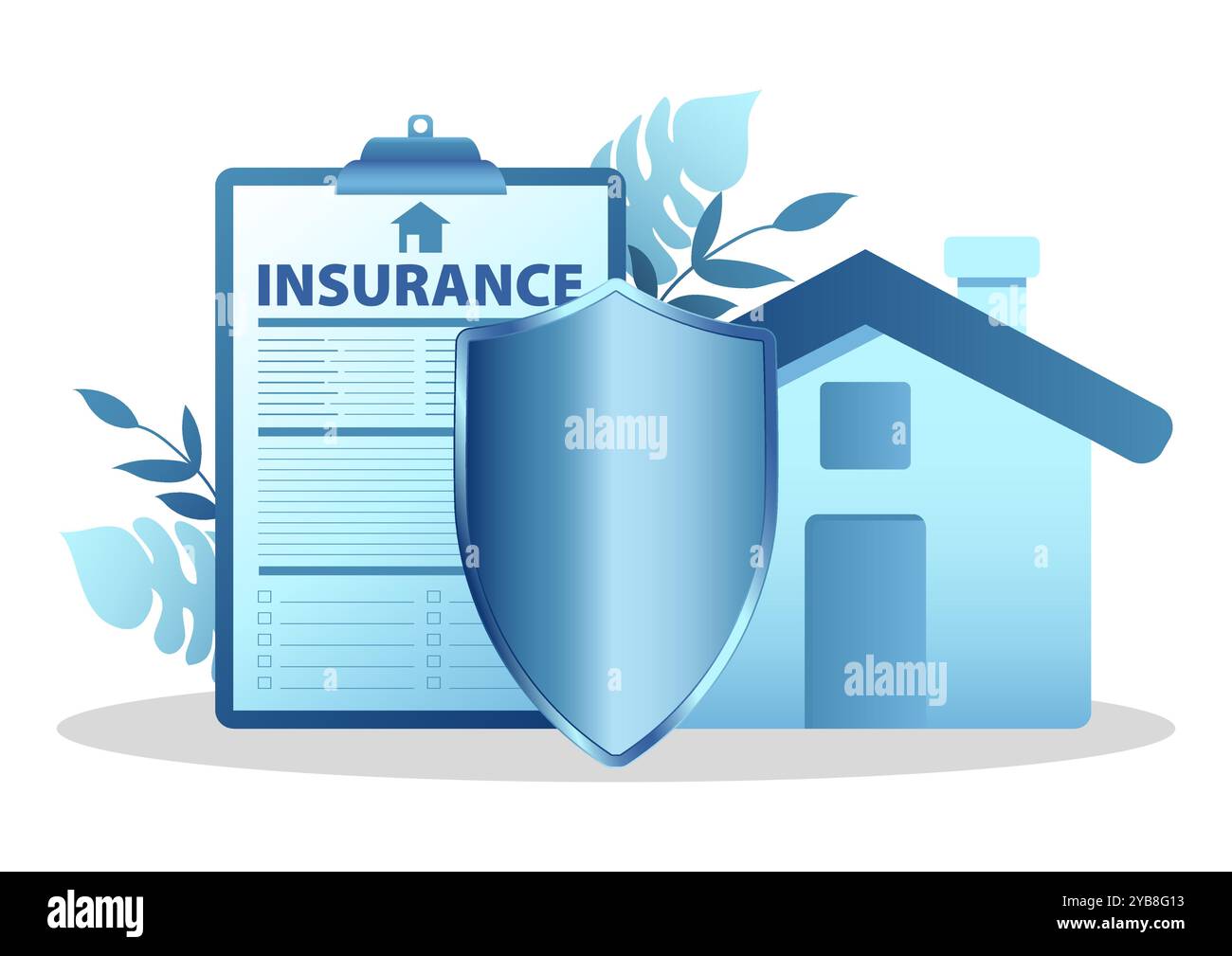 Scudo con un'icona della casa e un documento di assicurazione della casa in primo piano. Concetti di protezione della casa, polizze assicurative e sicurezza finanziaria Illustrazione Vettoriale