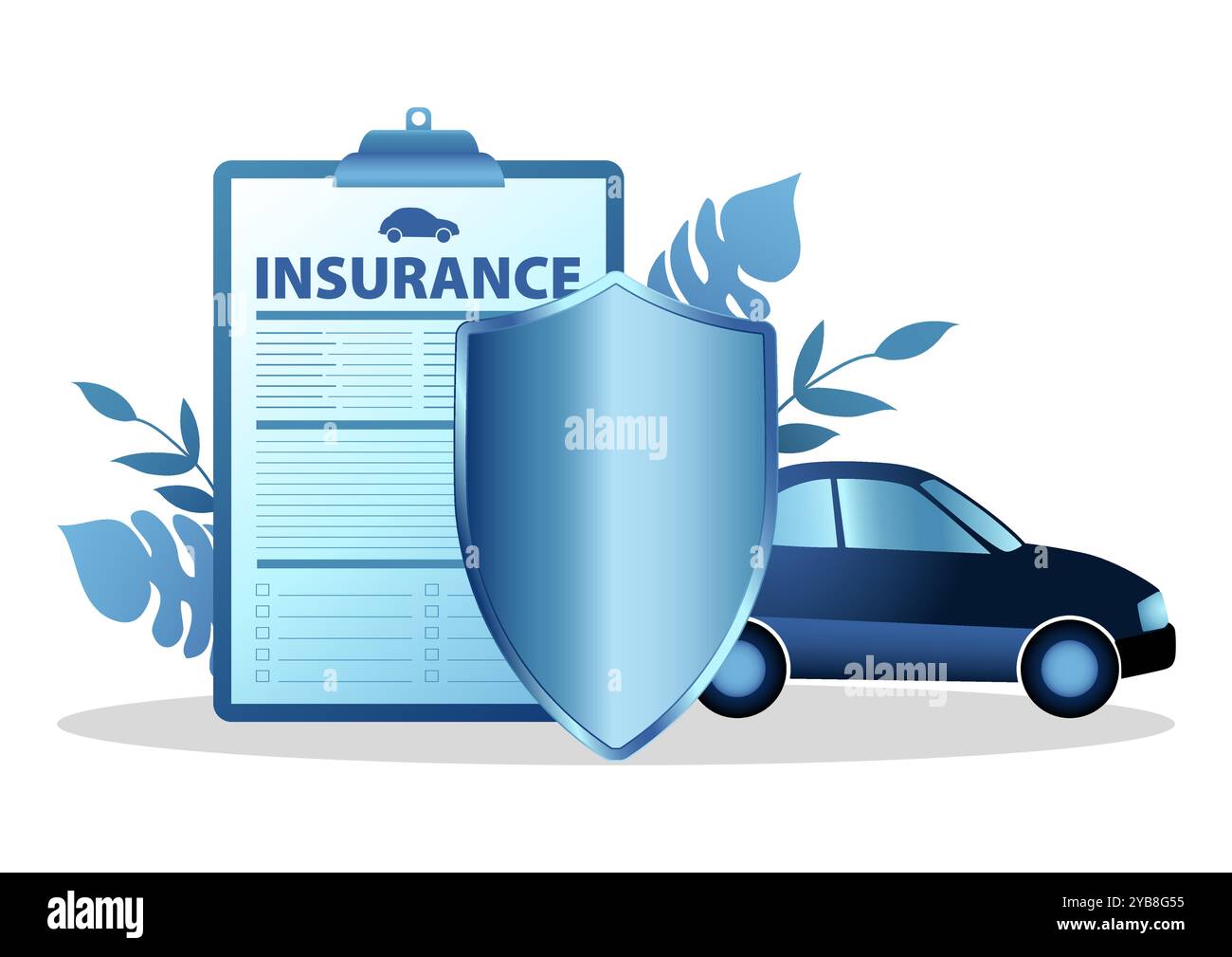Scudo con l'icona di un'auto e un documento di assicurazione in primo piano. Concetti di protezione dell'auto, polizze assicurative e sicurezza finanziaria Illustrazione Vettoriale