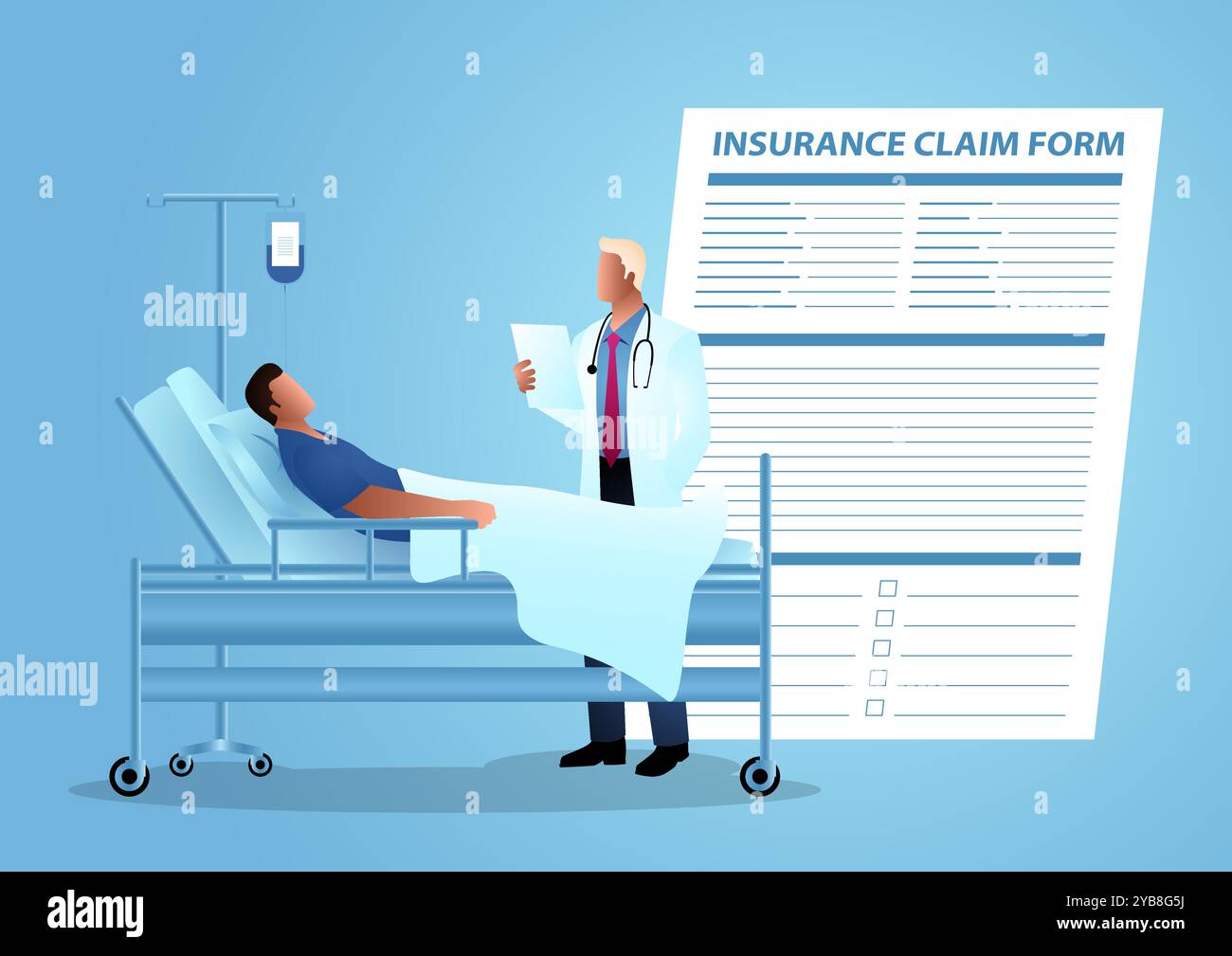 Illustrazione vettoriale che mostra un medico che si occupa di un paziente, con un modulo di richiesta di assicurazione sullo sfondo. Ideale per progetti relativi all'assistenza sanitaria Illustrazione Vettoriale