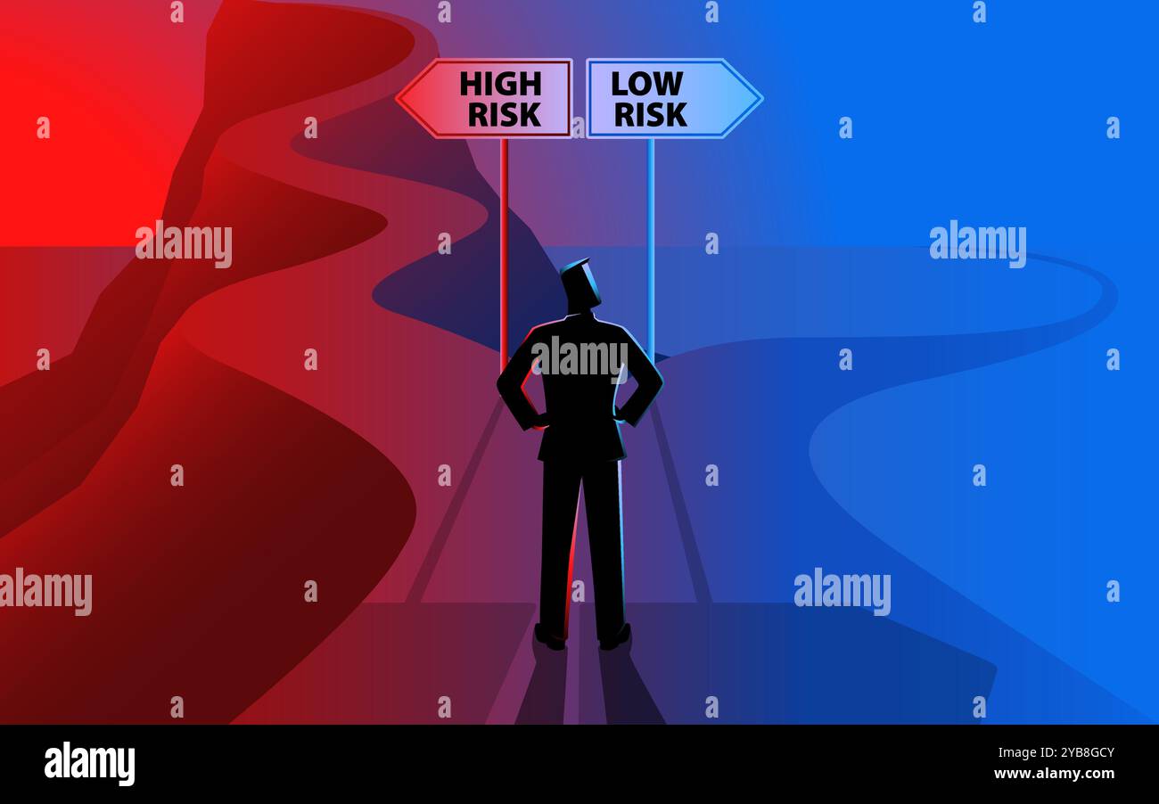 L'uomo si trova a un bivio, scegliendo tra due percorsi: Ad alto rischio con una strada impegnativa in salita, e a basso rischio con una strada piana e liscia. simboleggia d Illustrazione Vettoriale