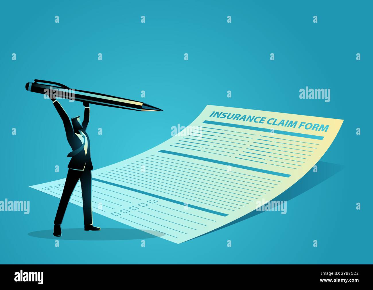 Uomo d'affari con una penna gigante per compilare un modulo di richiesta di assicurazione Illustrazione Vettoriale