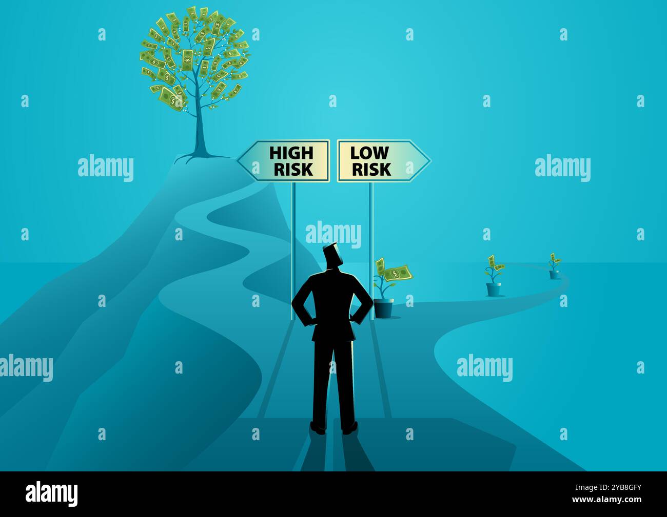 Uomo in piedi ad un bivio, scegliendo tra due sentieri, una strada impegnativa e in salita che conduce a un albero dei soldi (alto rischio, alta ricompensa), e un liscio, f Illustrazione Vettoriale