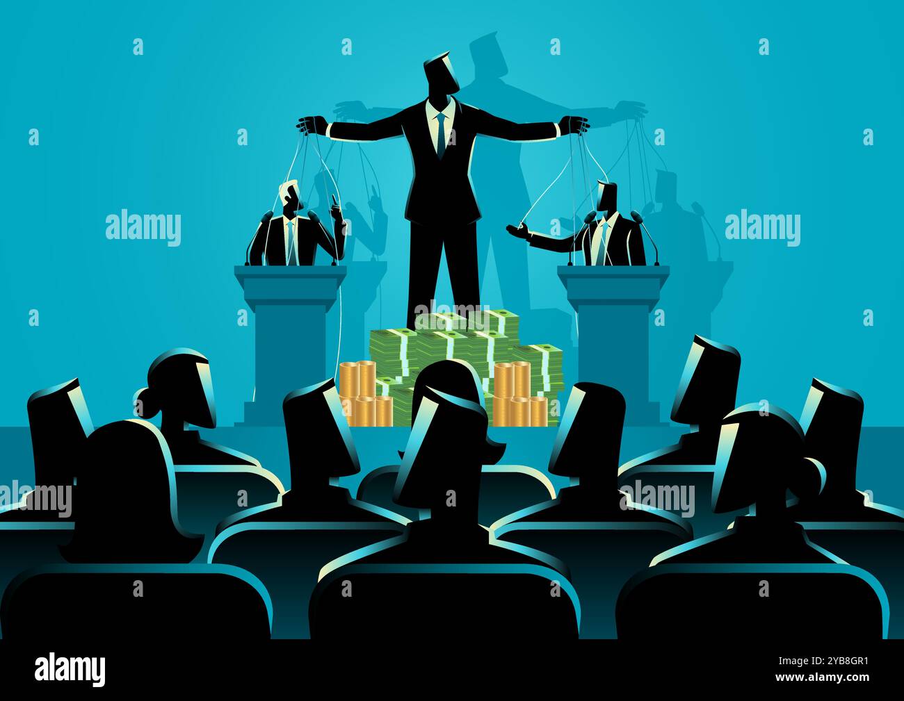 Burattinaio con un mucchio di soldi, manipolando un politico su un podio con le corde. Rappresenta l'influenza e il controllo del potere da parte dell'élite Illustrazione Vettoriale