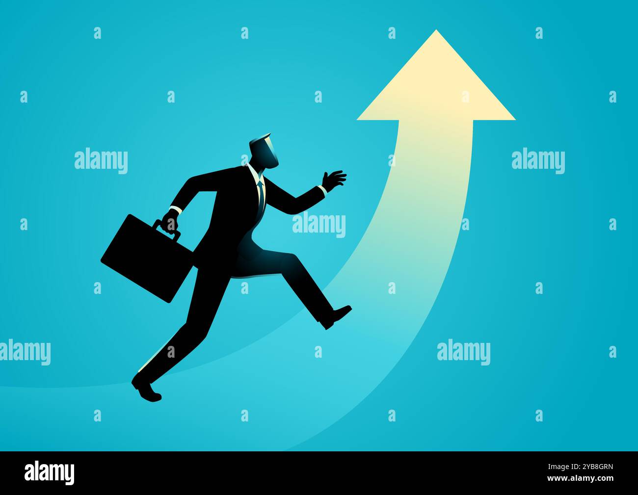 Uomo d'affari che salta una freccia in aumento, simboleggia la crescita personale, l'avanzamento di carriera, l'auto-miglioramento, la motivazione e il successo. Illustrazione Vettoriale