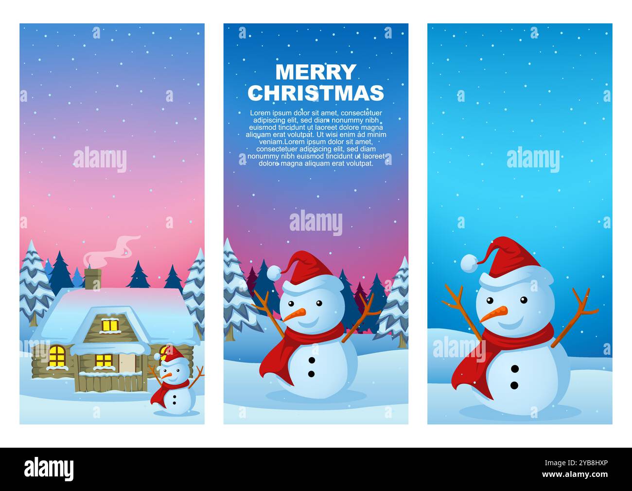 Set di pupazzi di neve in una stagione invernale, ideale per le feste natalizie. Ottimizzato per gli schermi dei telefoni cellulari. Illustrazione Vettoriale