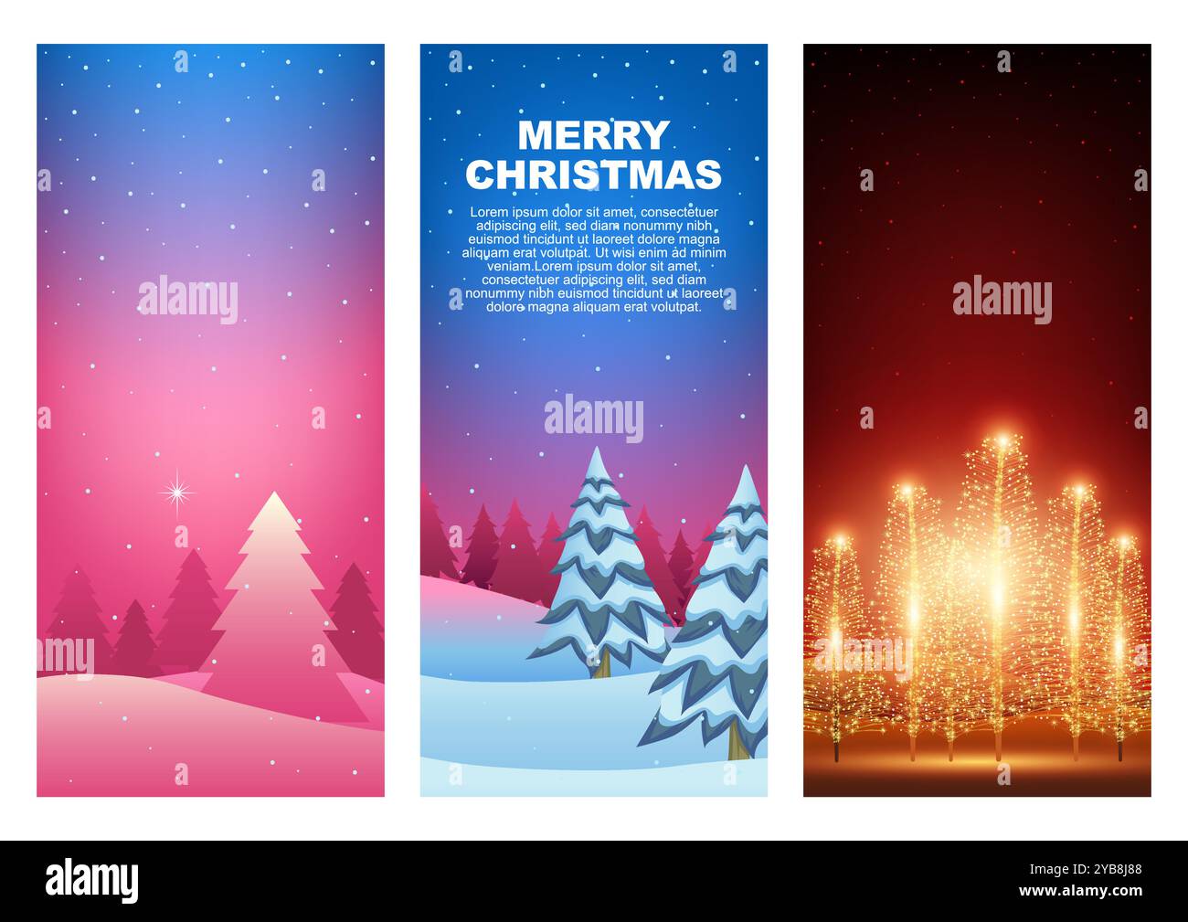 Set di alberi di Natale nella stagione invernale, ideale per gli sfondi natalizi. Ottimizzate per gli schermi dei telefoni cellulari, queste illustrazioni natalizie sono ideali Illustrazione Vettoriale