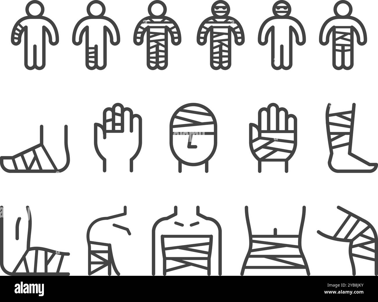 lesioni con set di icone, vettore e illustrazione della linea di bende Illustrazione Vettoriale