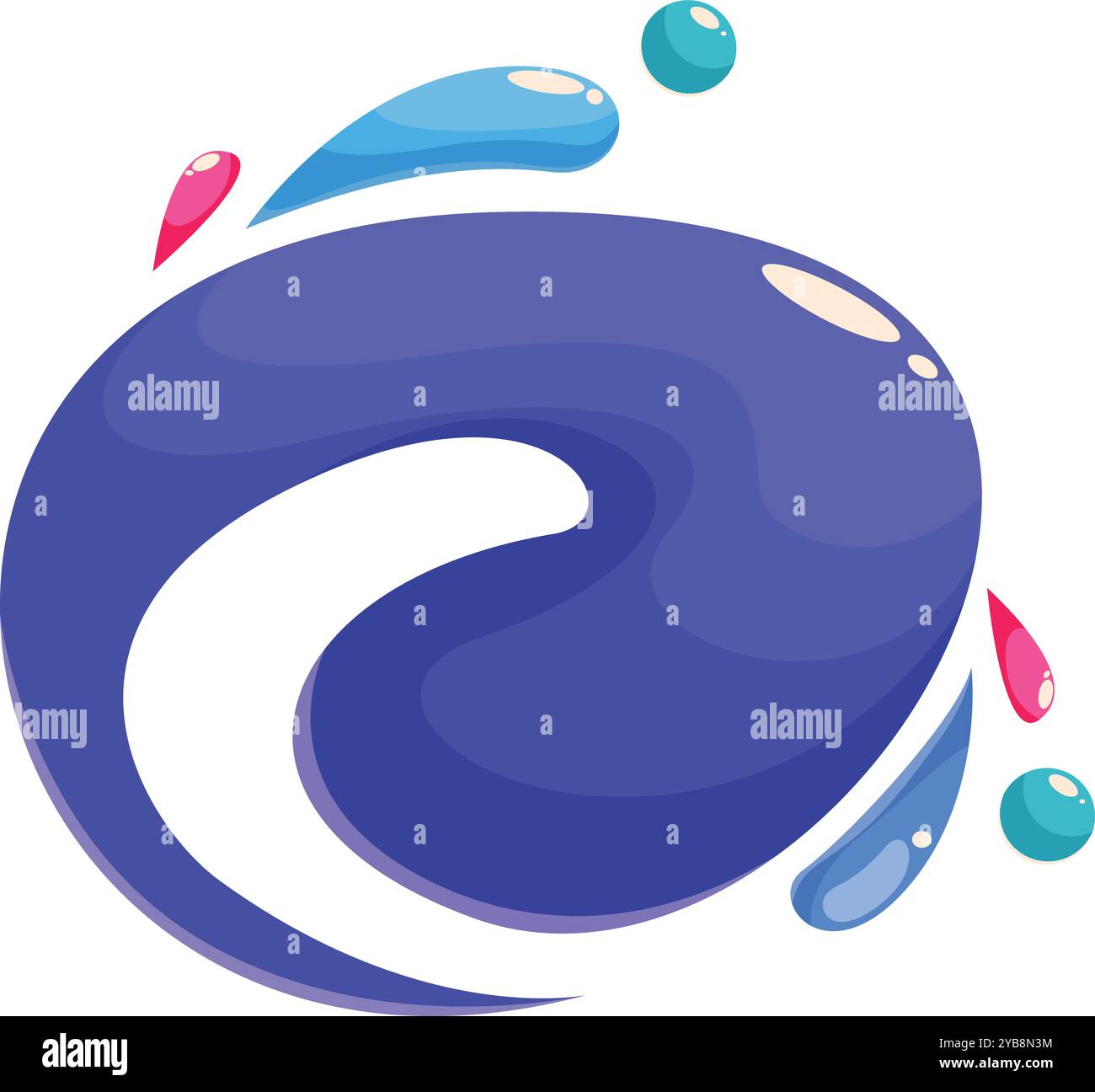Forma blu astratta con un design vorticoso e gocce colorate che suggeriscono schizzi di liquido Illustrazione Vettoriale