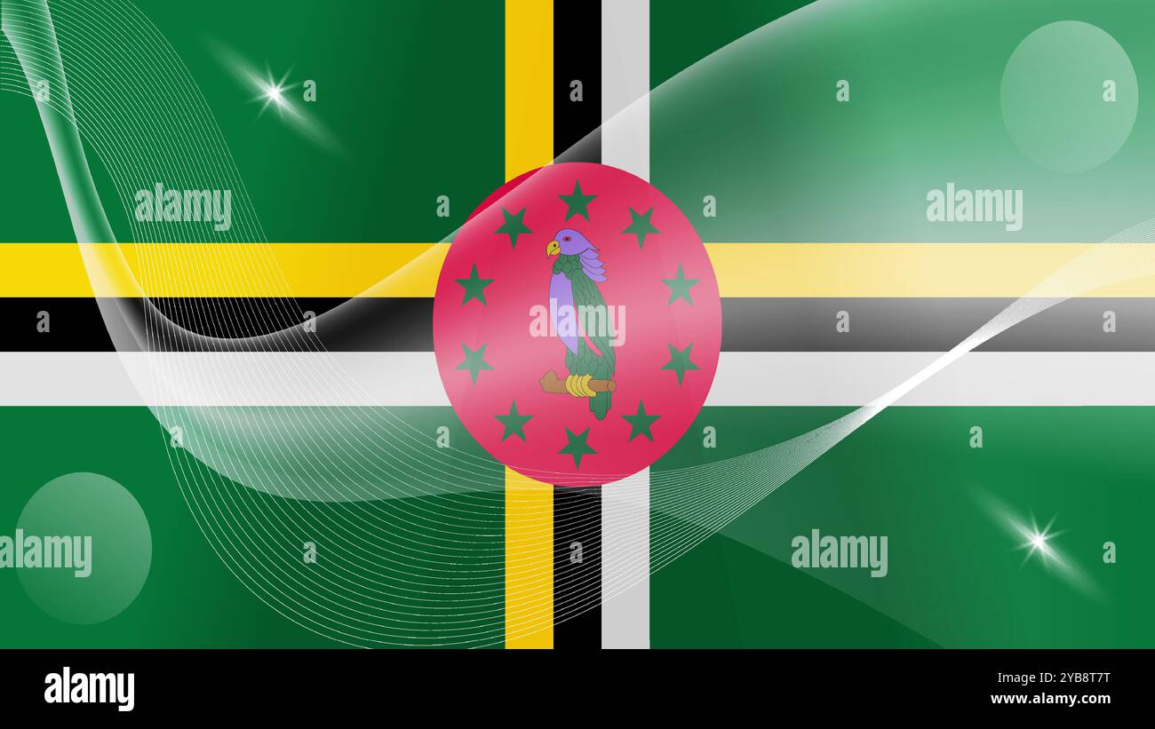 Bandiera Dominica con onde ondulate e sfondo scintillante a stelle Illustrazione Vettoriale